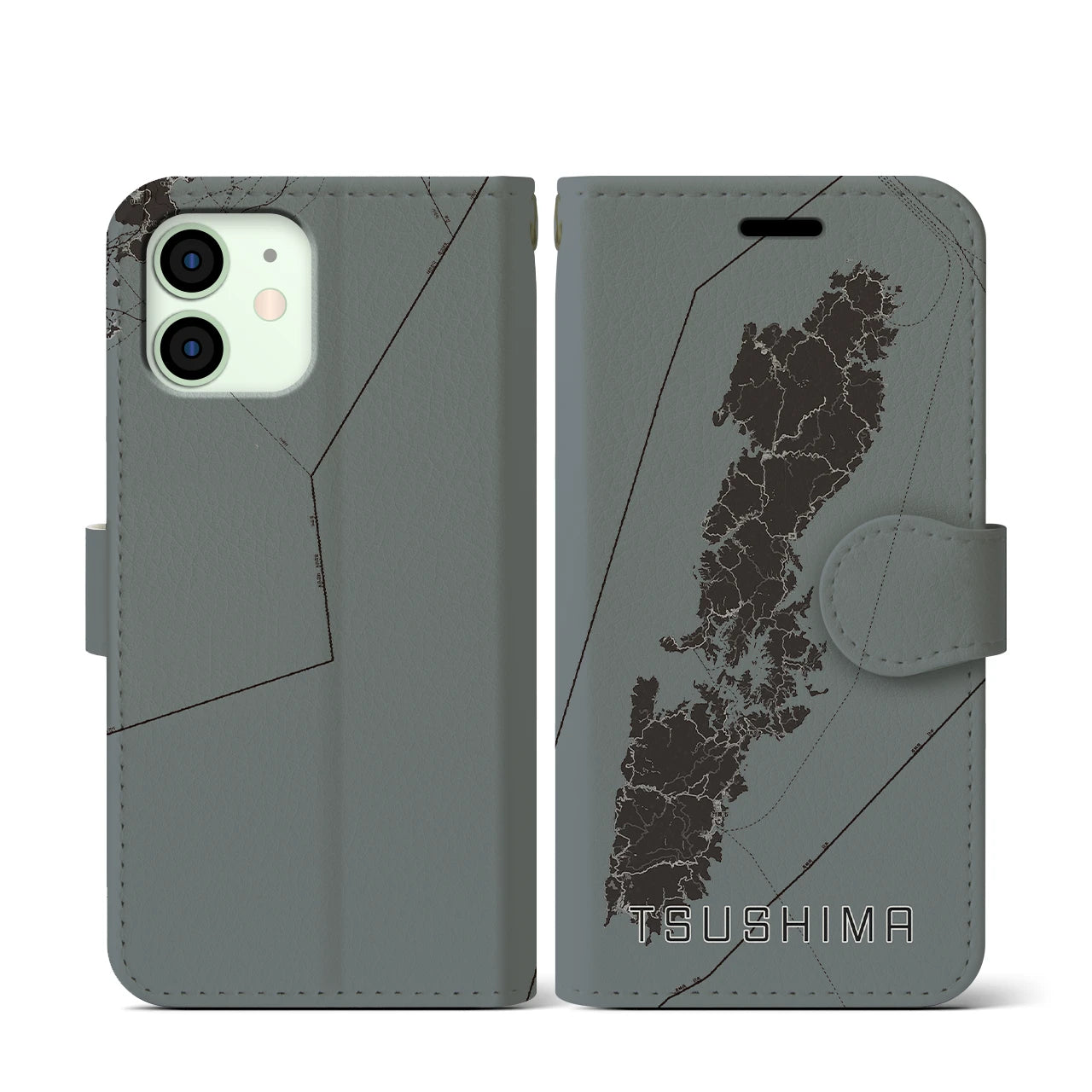 【対馬(長崎県)】地図柄iPhoneケース(手帳タイプ)モノトーン・iPhone 12 mini 用