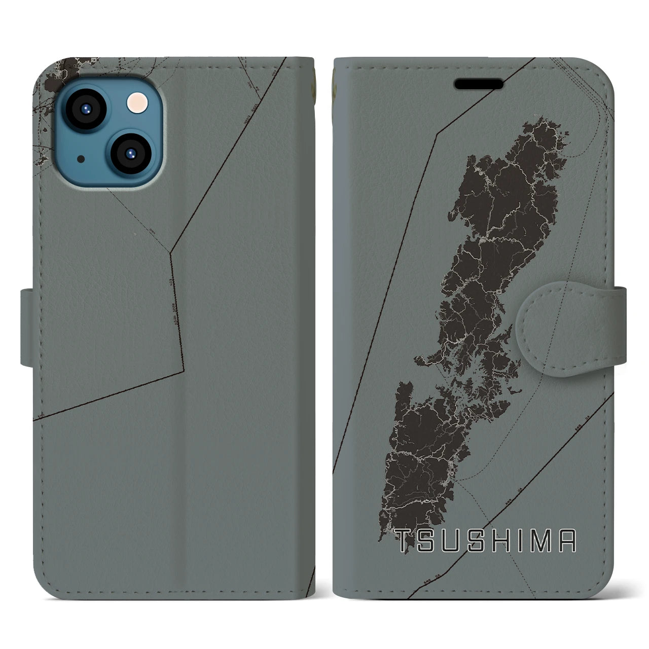 【対馬(長崎県)】地図柄iPhoneケース(手帳タイプ)モノトーン・iPhone 13 用