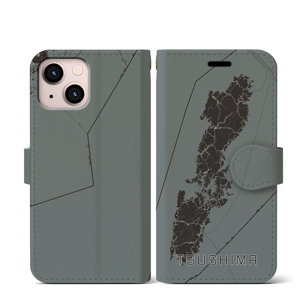【対馬(長崎県)】地図柄iPhoneケース(手帳タイプ)モノトーン・iPhone 13 mini 用