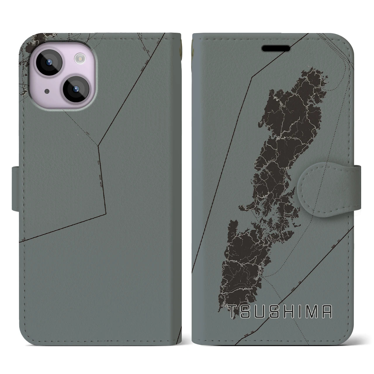 【対馬(長崎県)】地図柄iPhoneケース(手帳タイプ)モノトーン・iPhone 14 用