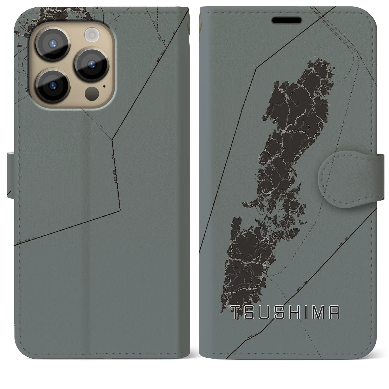 【対馬(長崎県)】地図柄iPhoneケース(手帳タイプ)モノトーン・iPhone 14 Pro Max 用