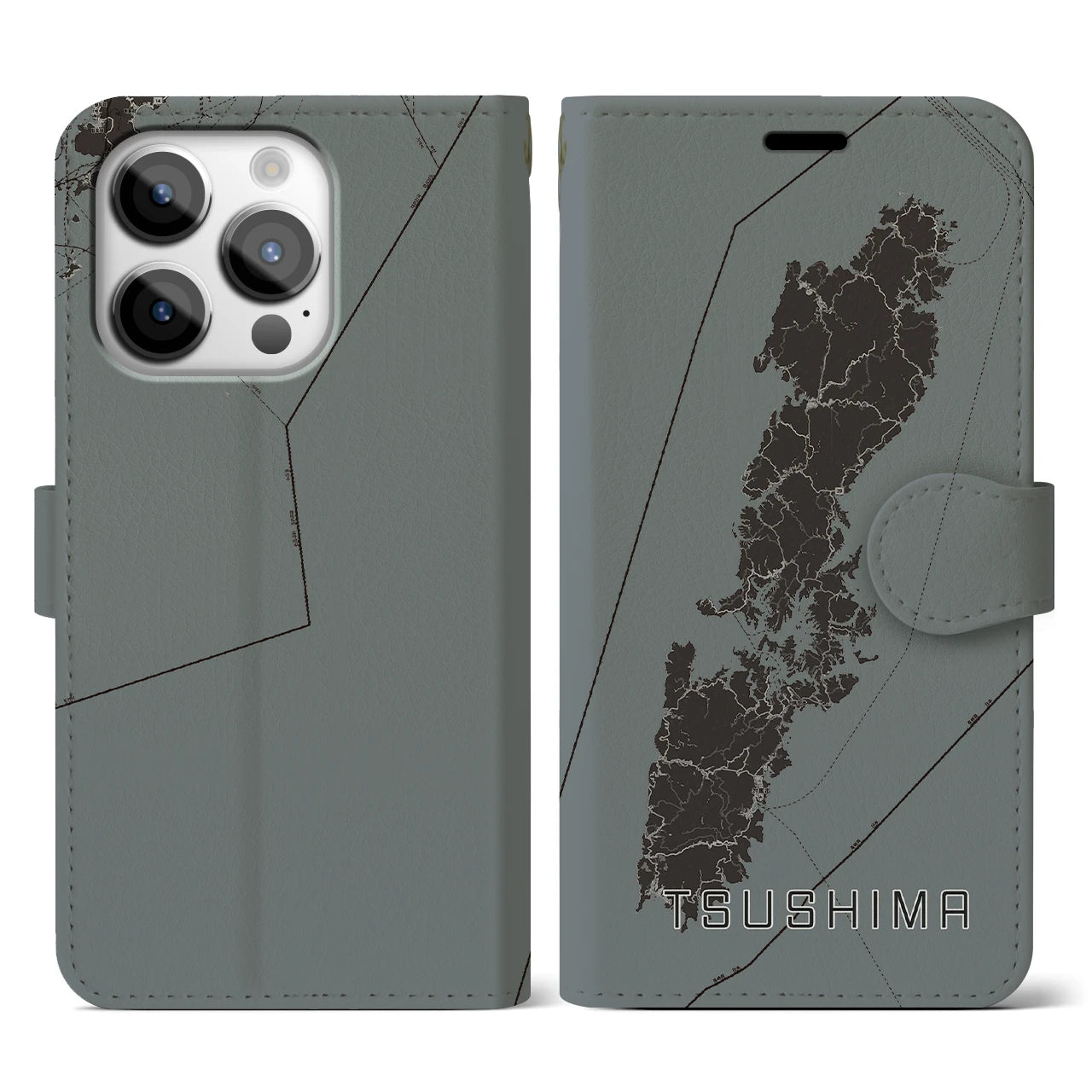 【対馬(長崎県)】地図柄iPhoneケース(手帳タイプ)モノトーン・iPhone 14 Pro 用