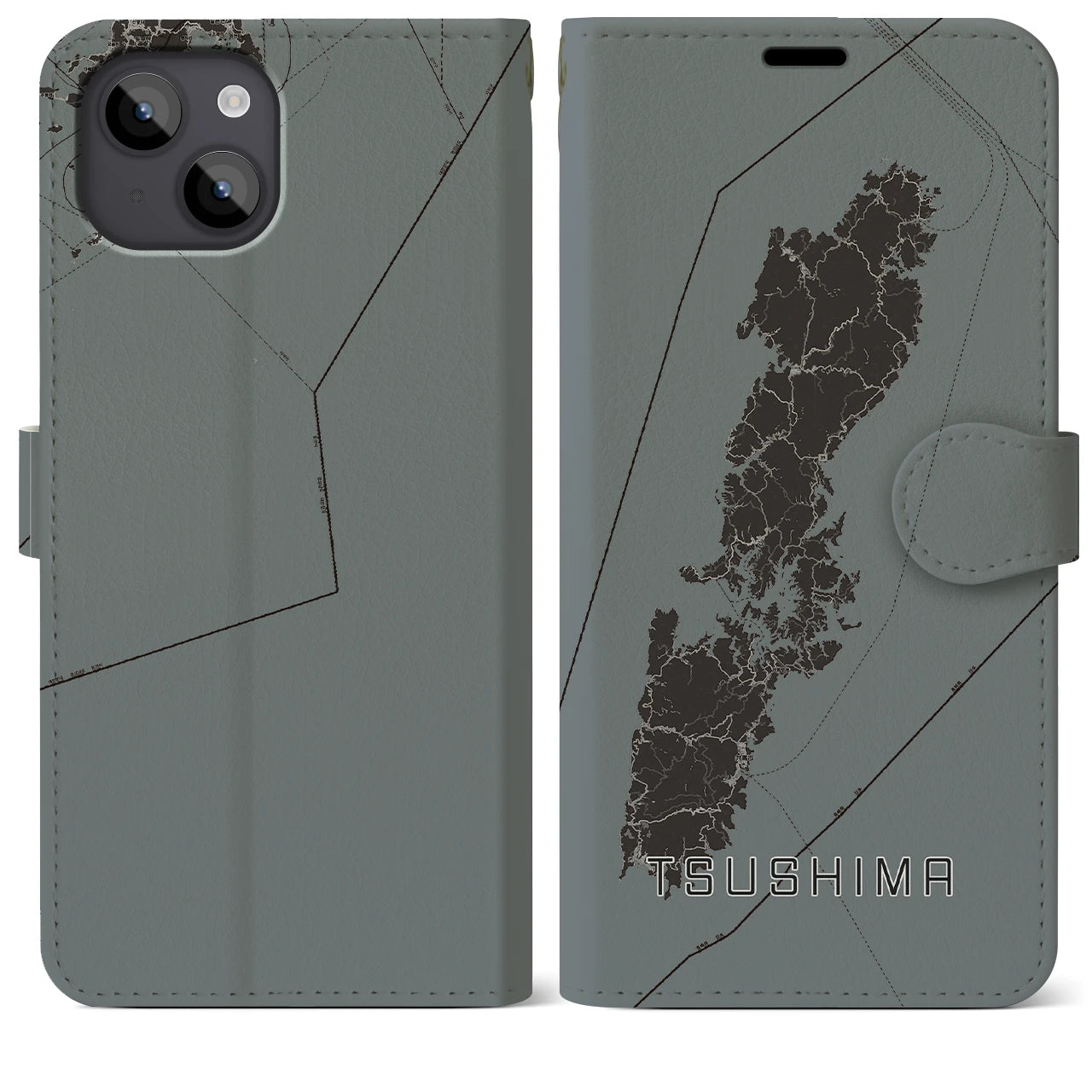 【対馬(長崎県)】地図柄iPhoneケース(手帳タイプ)モノトーン・iPhone 14 Plus 用