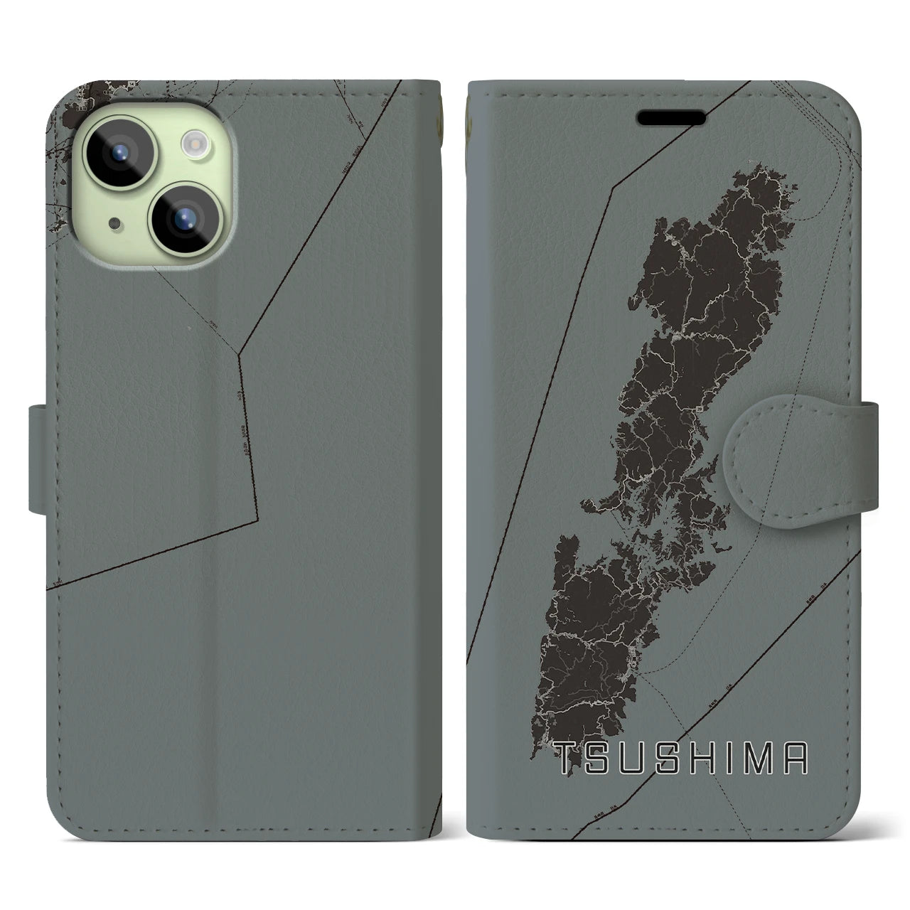 【対馬(長崎県)】地図柄iPhoneケース(手帳タイプ)モノトーン・iPhone 15 用