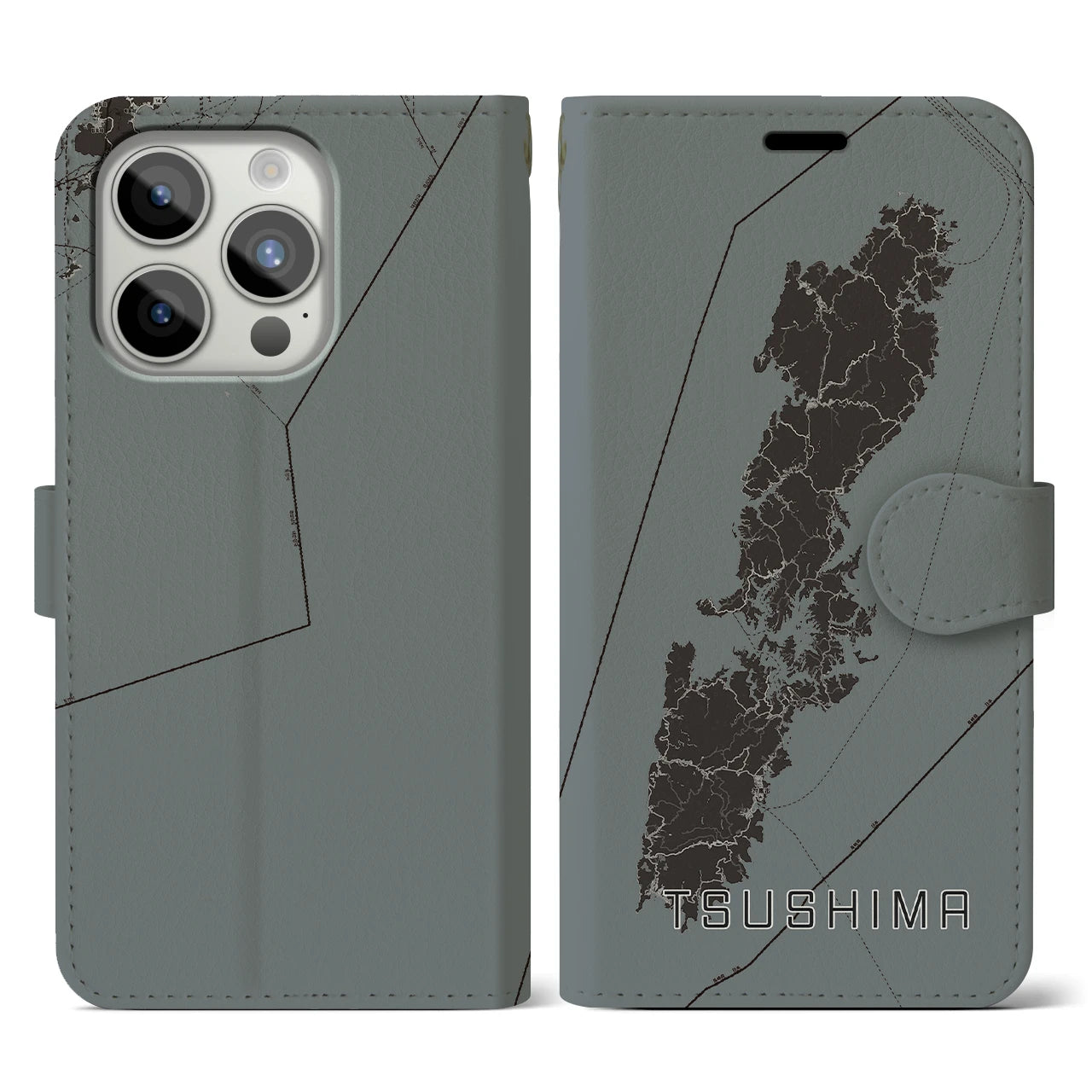 【対馬(長崎県)】地図柄iPhoneケース(手帳タイプ)モノトーン・iPhone 15 Pro 用