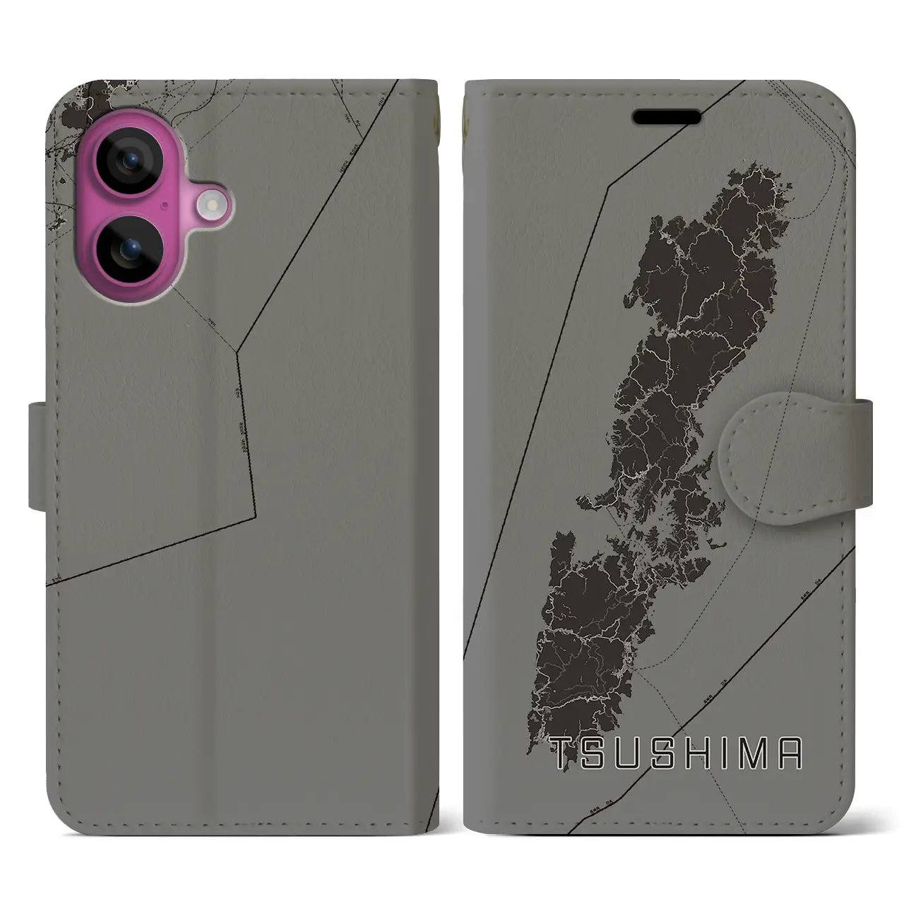 【対馬(長崎県)】地図柄iPhoneケース(手帳タイプ)モノトーン・iPhone 16 Pro 用
