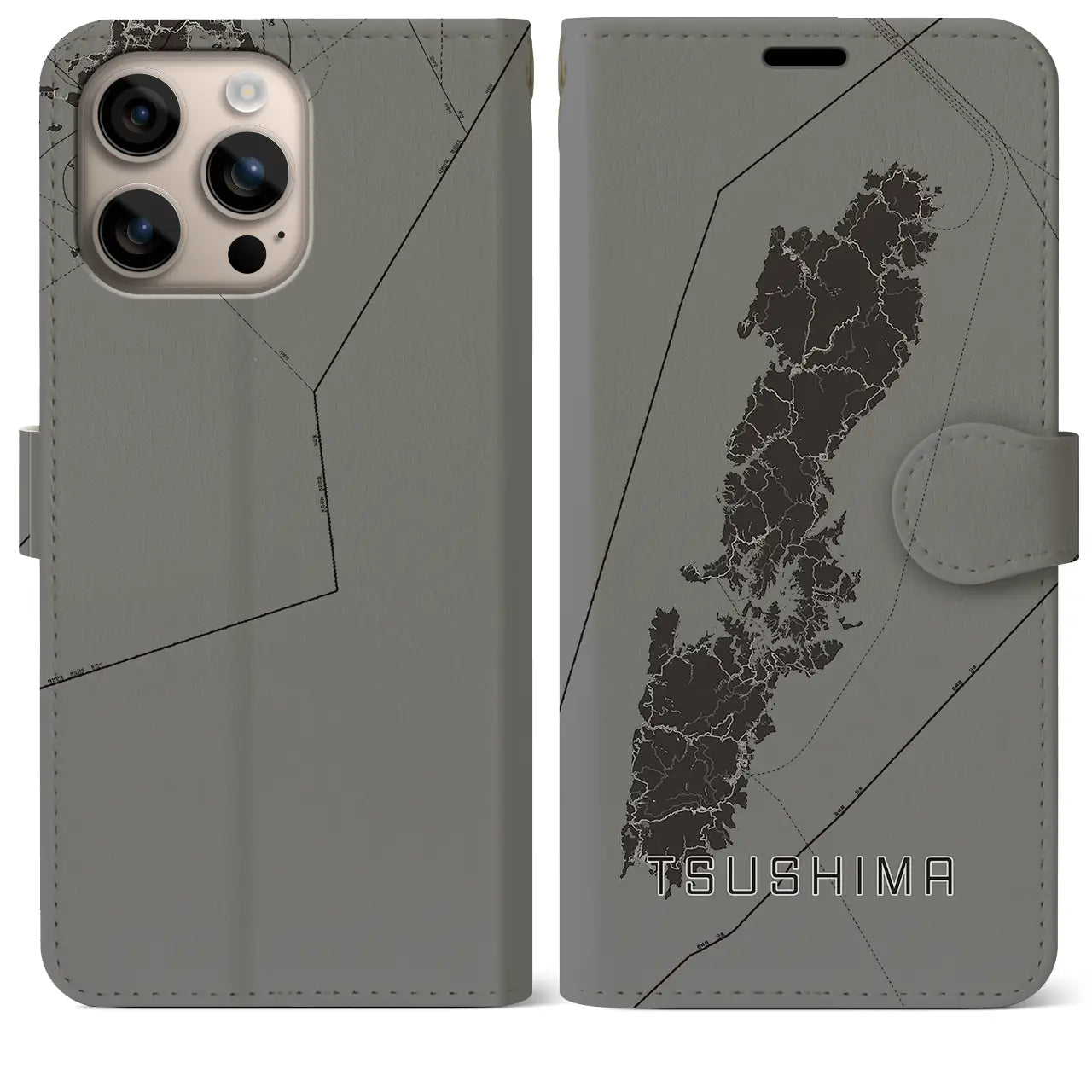 【対馬(長崎県)】地図柄iPhoneケース(手帳タイプ)モノトーン・iPhone 16 Plus 用