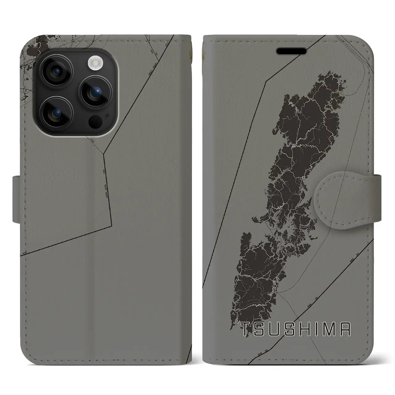 【対馬(長崎県)】地図柄iPhoneケース(手帳タイプ)モノトーン・iPhone 16 用