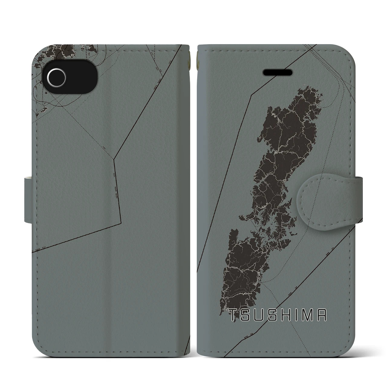 【対馬(長崎県)】地図柄iPhoneケース(手帳タイプ)モノトーン・iPhone SE(第3 / 第2世代) / 8 / 7 / 6s / 6 用
