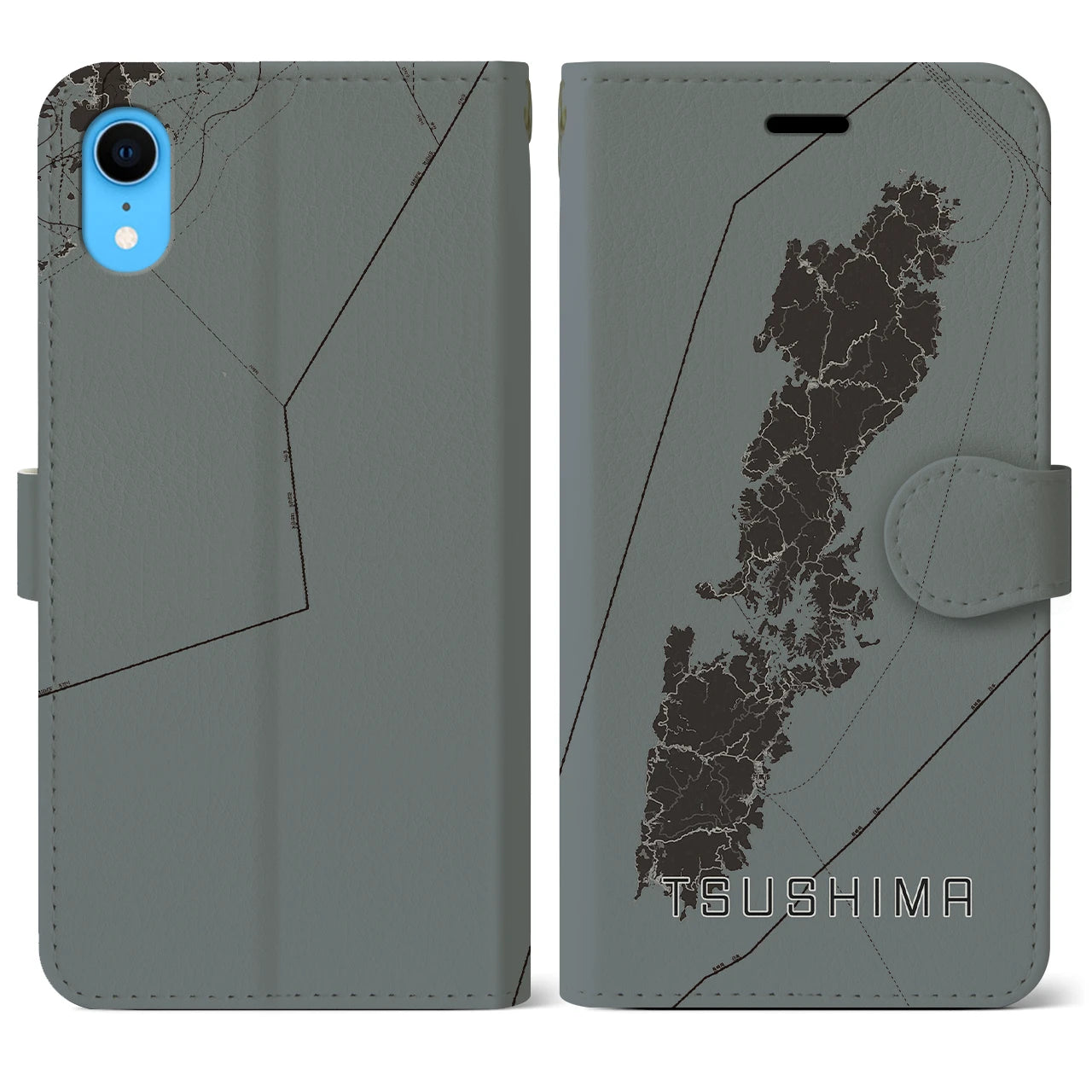 【対馬(長崎県)】地図柄iPhoneケース(手帳タイプ)モノトーン・iPhone XR 用