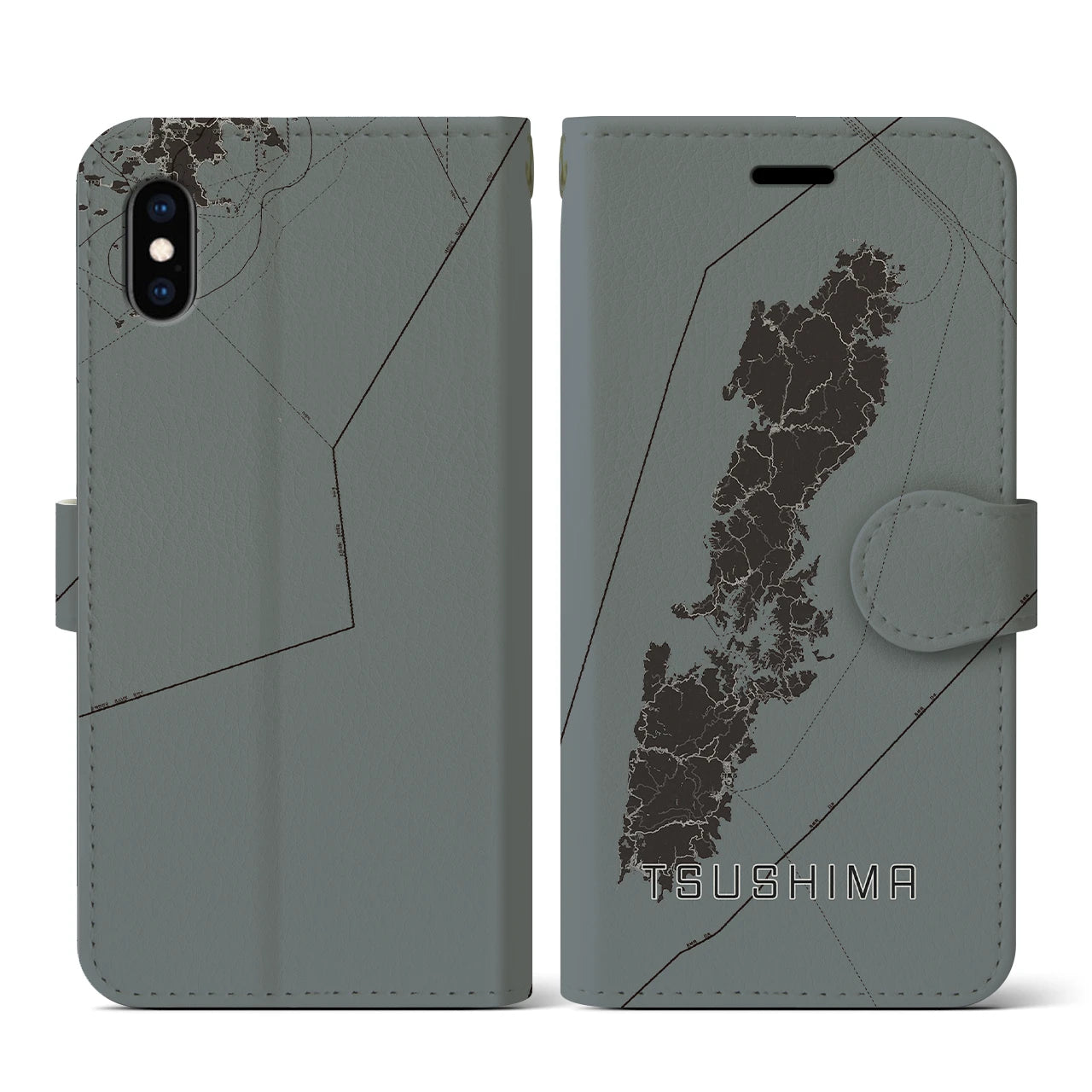 【対馬(長崎県)】地図柄iPhoneケース(手帳タイプ)モノトーン・iPhone XS / X 用