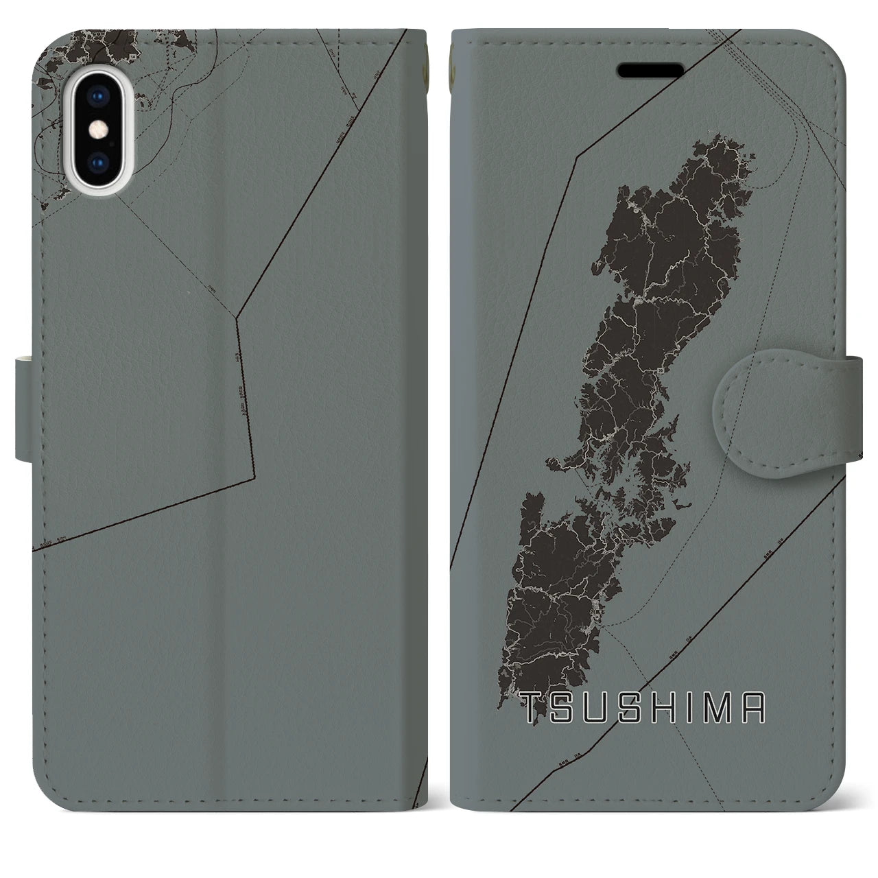 【対馬(長崎県)】地図柄iPhoneケース(手帳タイプ)モノトーン・iPhone XS Max 用