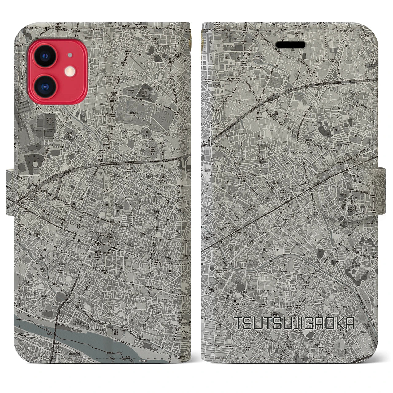 【つつじヶ丘(東京都)】地図柄iPhoneケース(手帳タイプ)モノトーン・iPhone 11 用