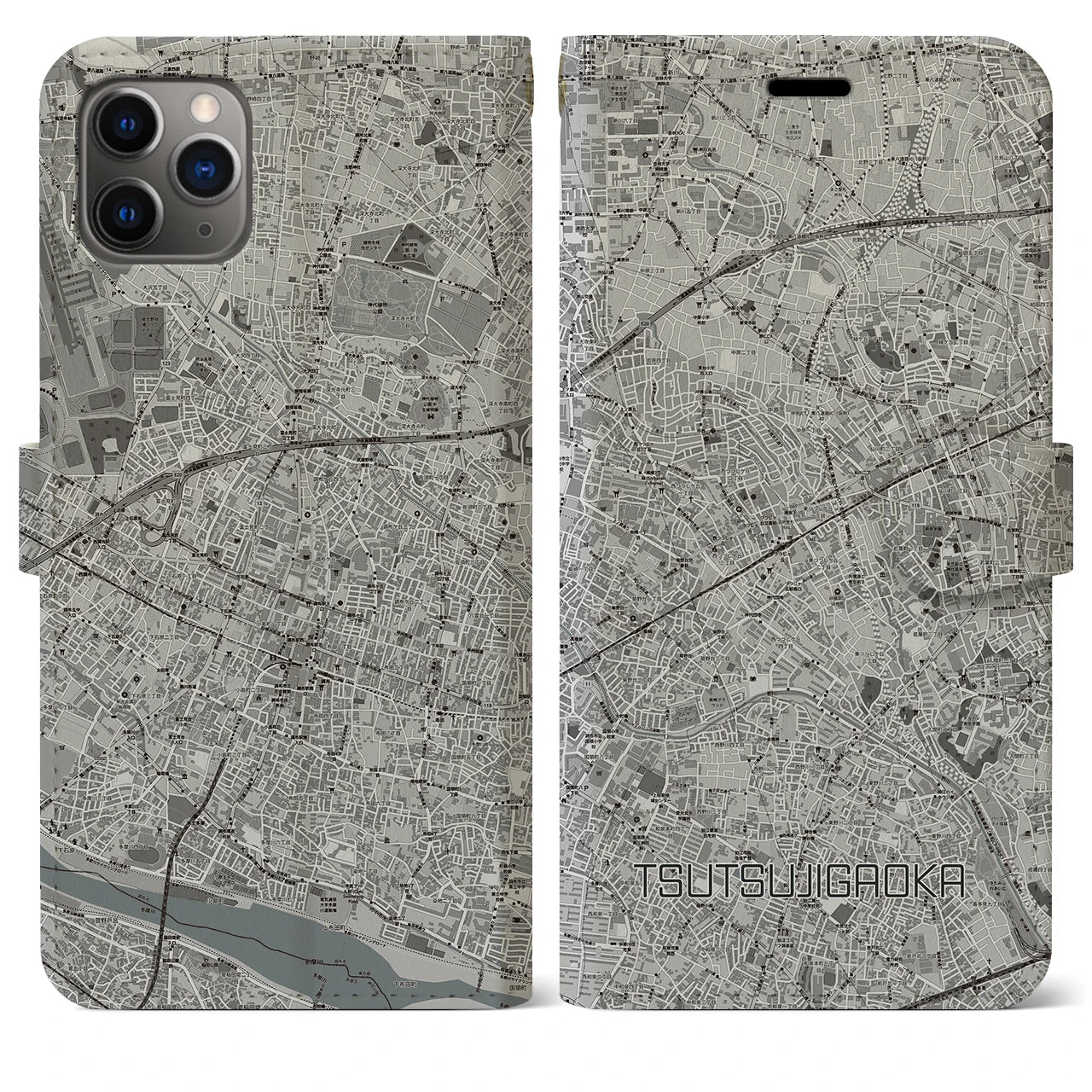 【つつじヶ丘(東京都)】地図柄iPhoneケース(手帳タイプ)モノトーン・iPhone 11 Pro Max 用