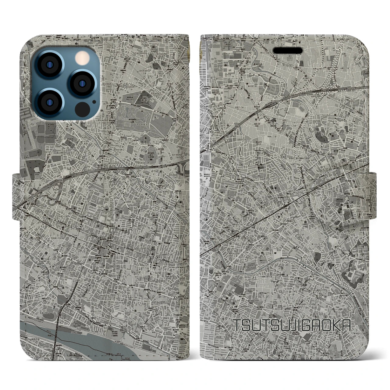 【つつじヶ丘(東京都)】地図柄iPhoneケース(手帳タイプ)モノトーン・iPhone 12 / 12 Pro 用