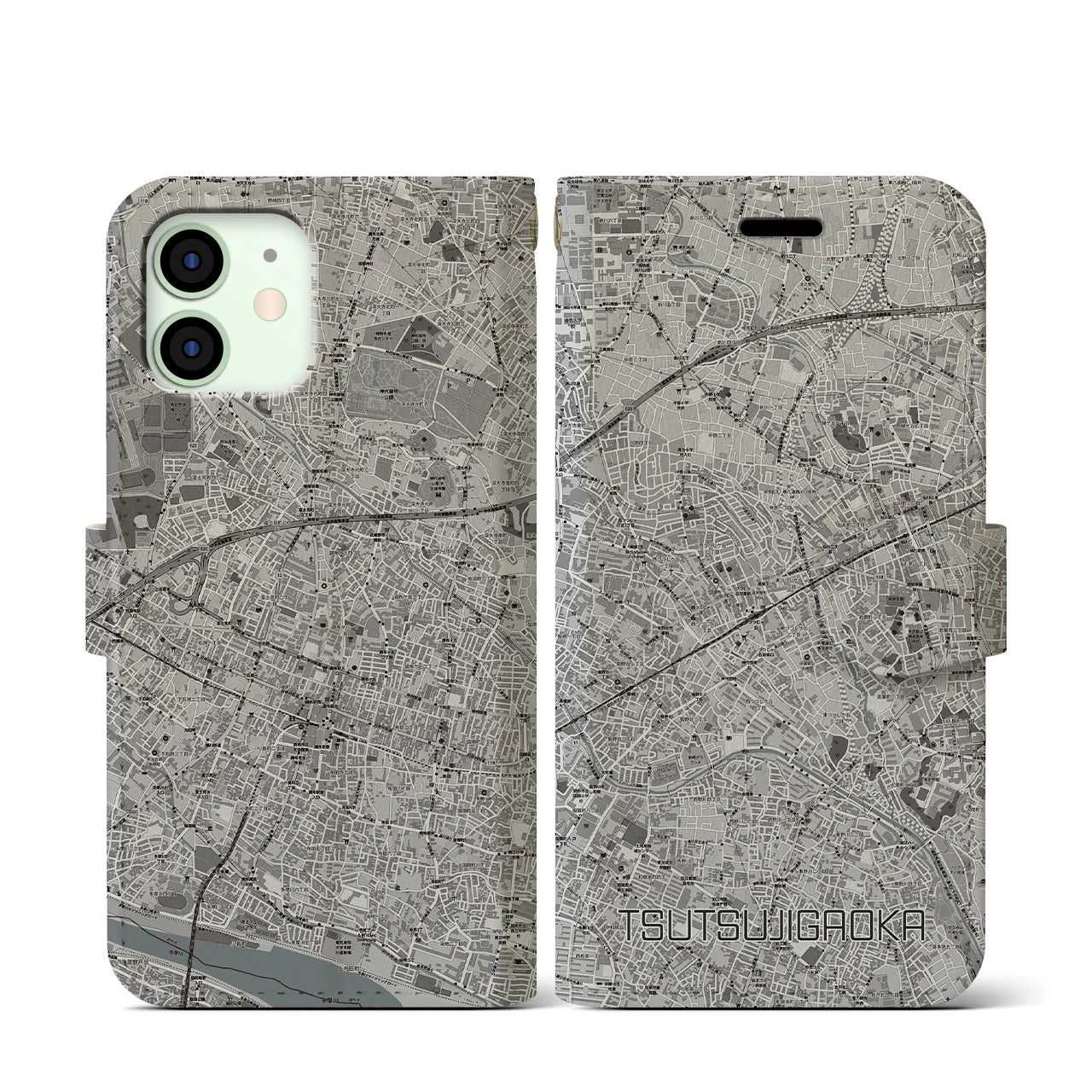 【つつじヶ丘(東京都)】地図柄iPhoneケース(手帳タイプ)モノトーン・iPhone 12 mini 用