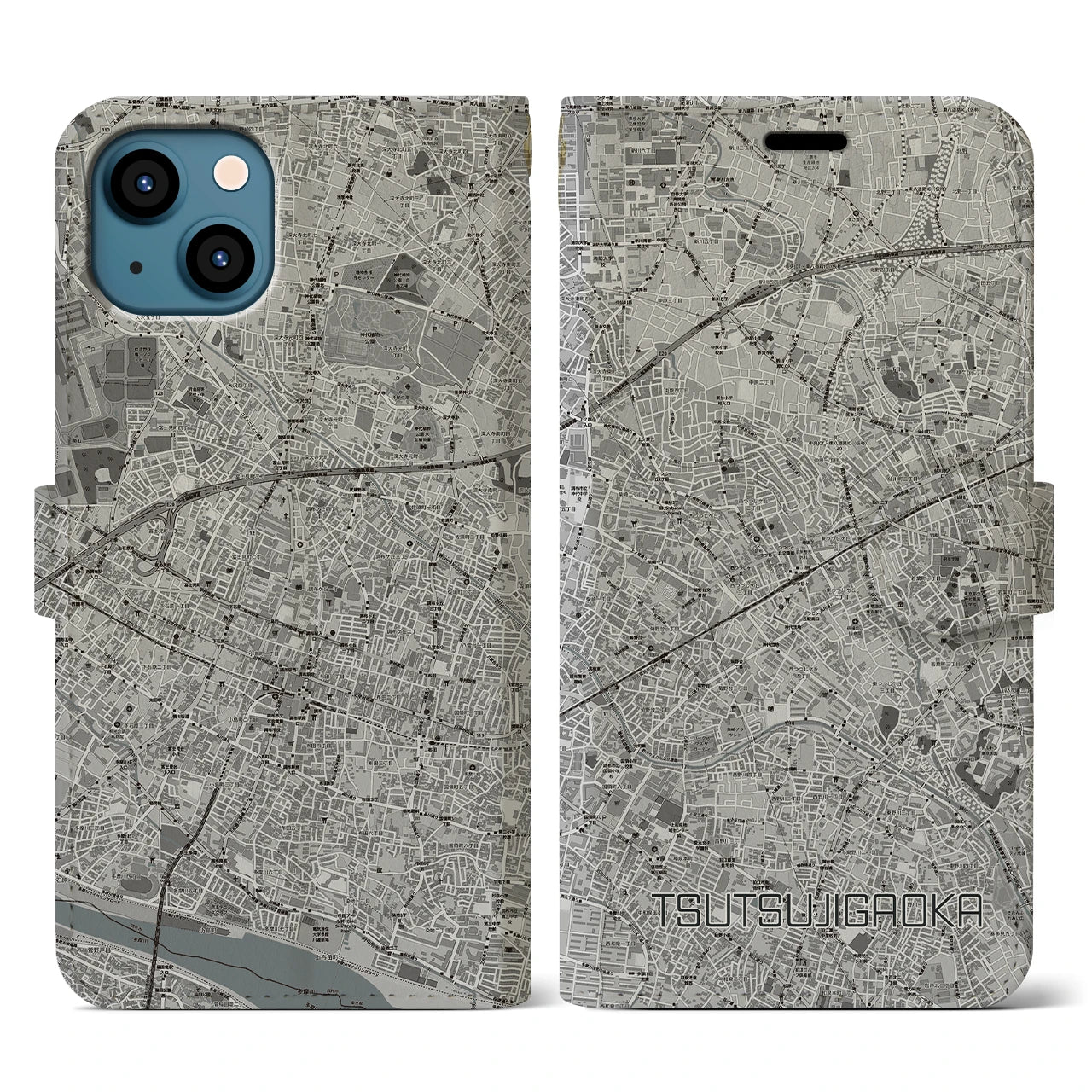 【つつじヶ丘(東京都)】地図柄iPhoneケース(手帳タイプ)モノトーン・iPhone 13 用