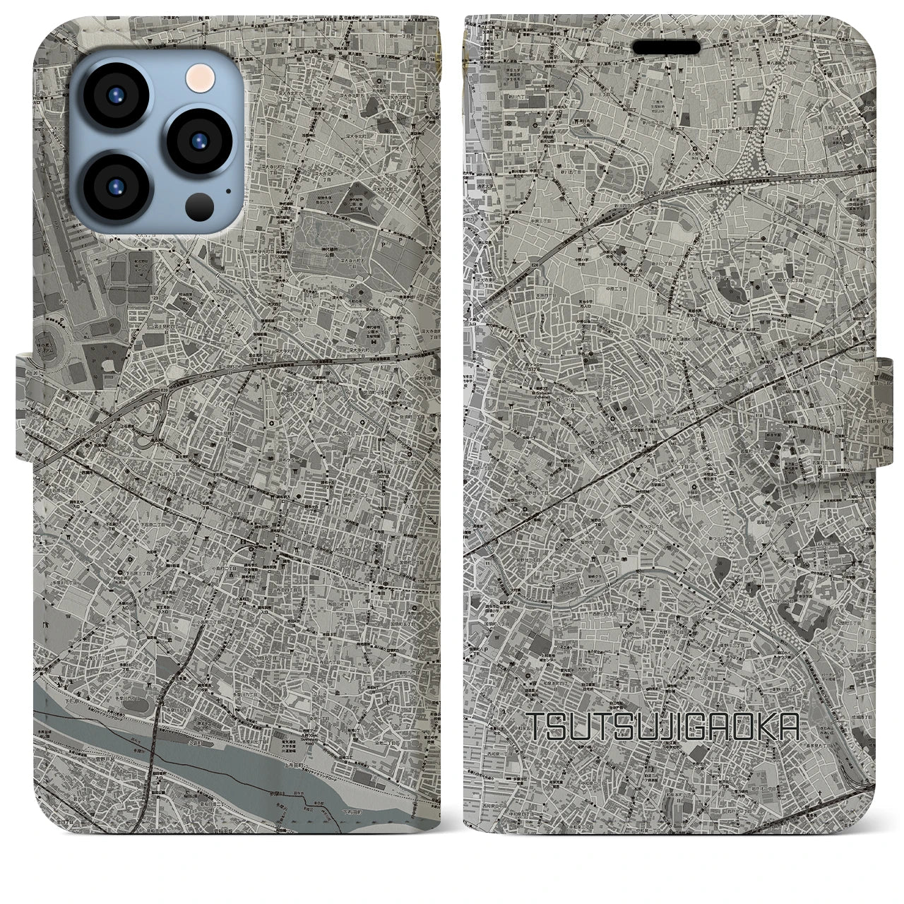 【つつじヶ丘(東京都)】地図柄iPhoneケース(手帳タイプ)モノトーン・iPhone 13 Pro Max 用