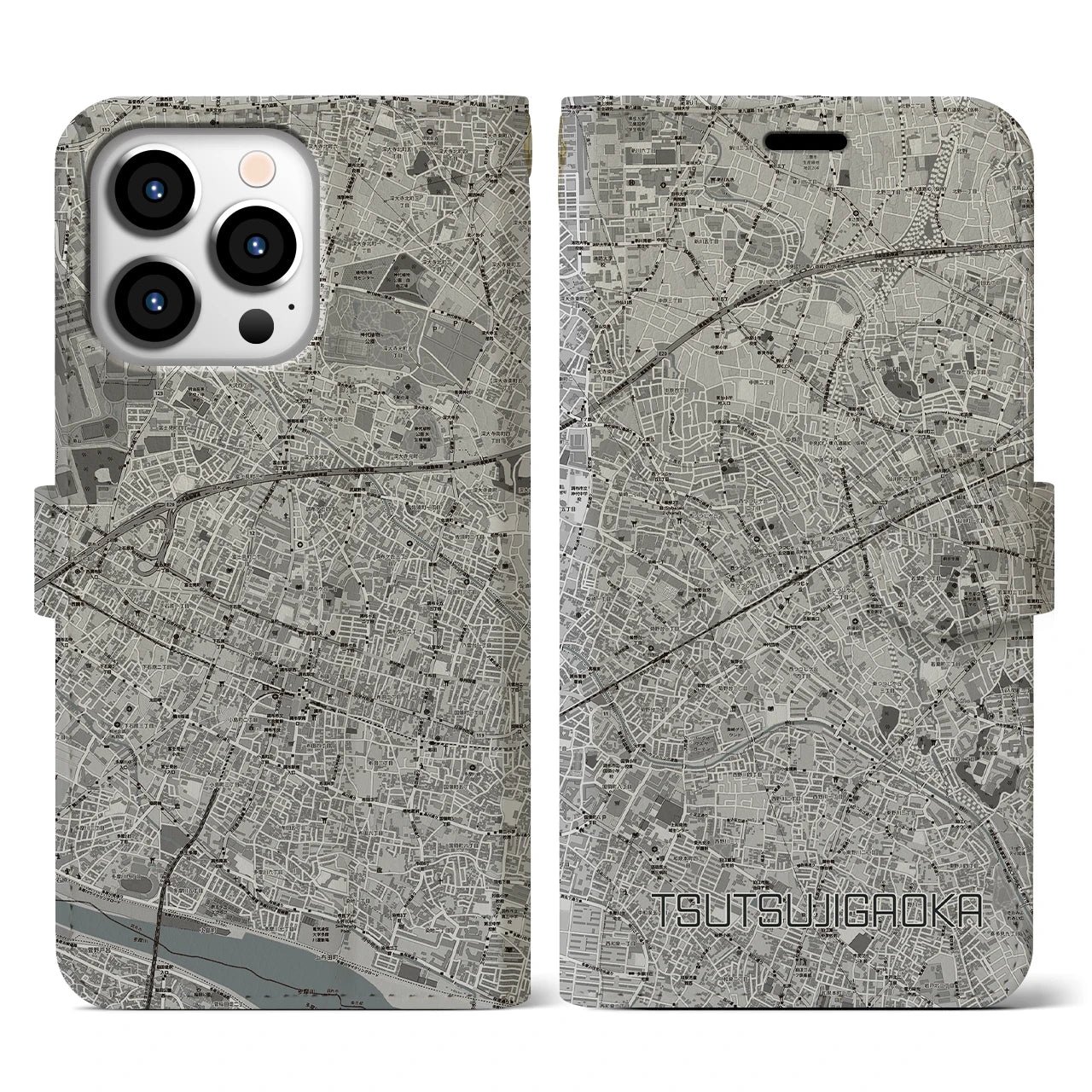【つつじヶ丘(東京都)】地図柄iPhoneケース(手帳タイプ)モノトーン・iPhone 13 Pro 用