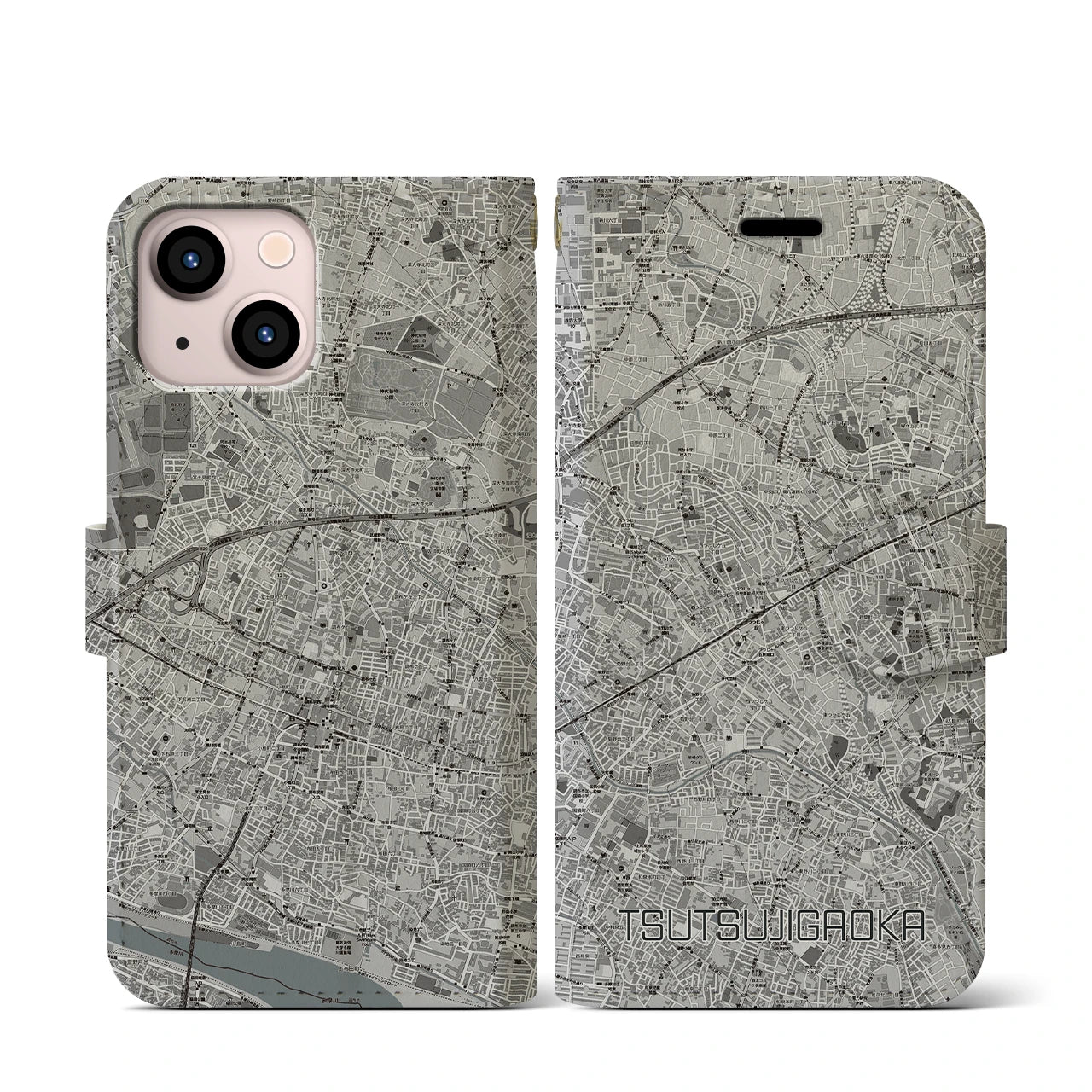 【つつじヶ丘(東京都)】地図柄iPhoneケース(手帳タイプ)モノトーン・iPhone 13 mini 用