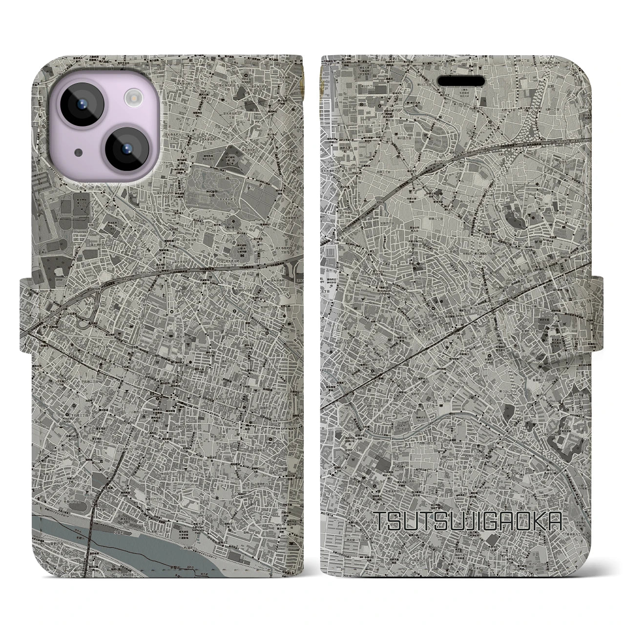 【つつじヶ丘(東京都)】地図柄iPhoneケース(手帳タイプ)モノトーン・iPhone 14 用