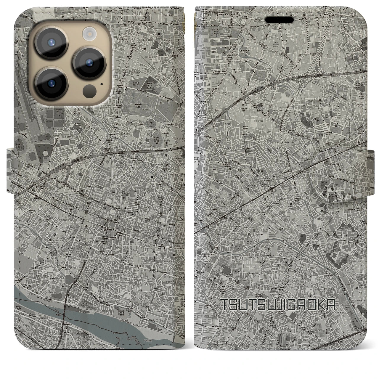 【つつじヶ丘(東京都)】地図柄iPhoneケース(手帳タイプ)モノトーン・iPhone 14 Pro Max 用