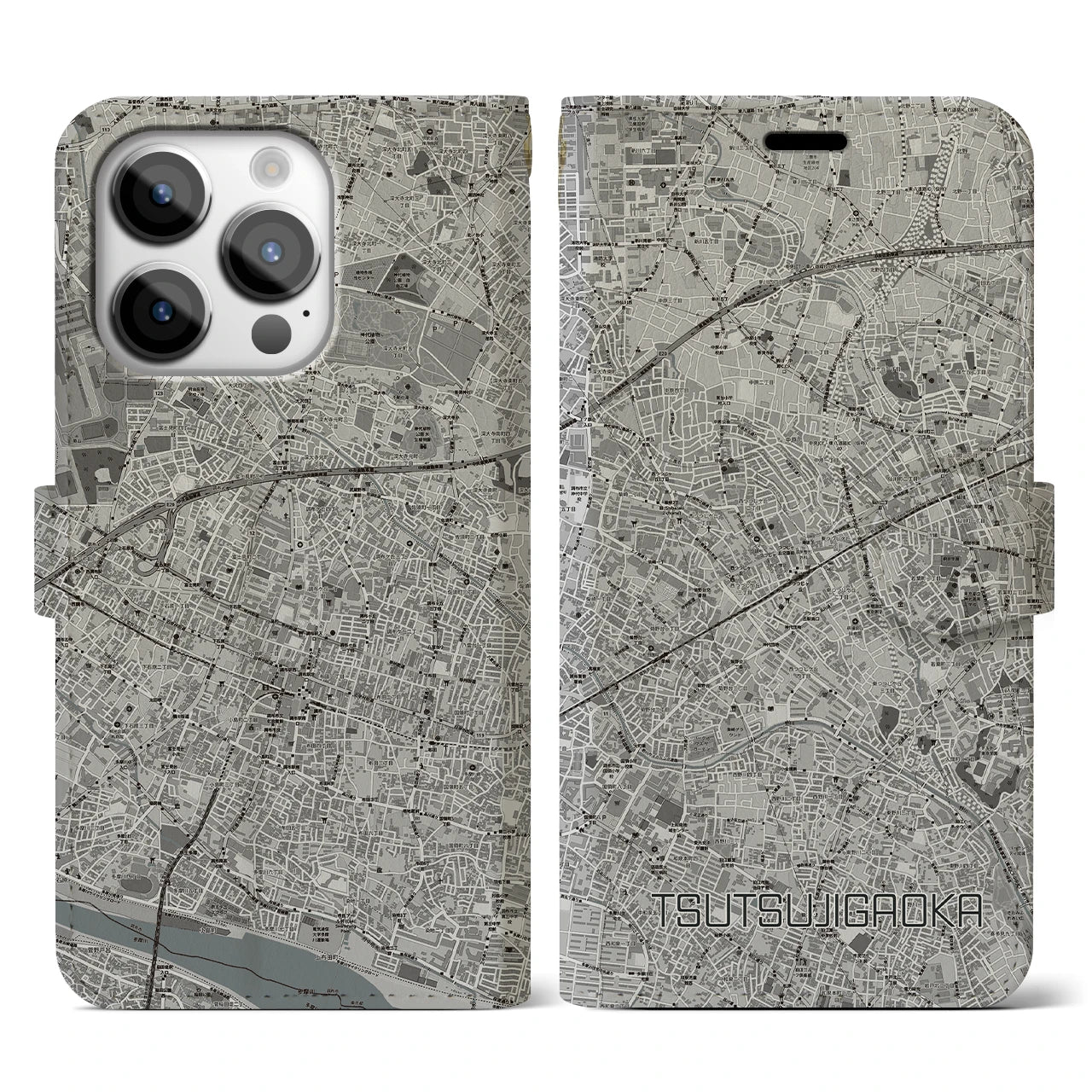 【つつじヶ丘(東京都)】地図柄iPhoneケース(手帳タイプ)モノトーン・iPhone 14 Pro 用