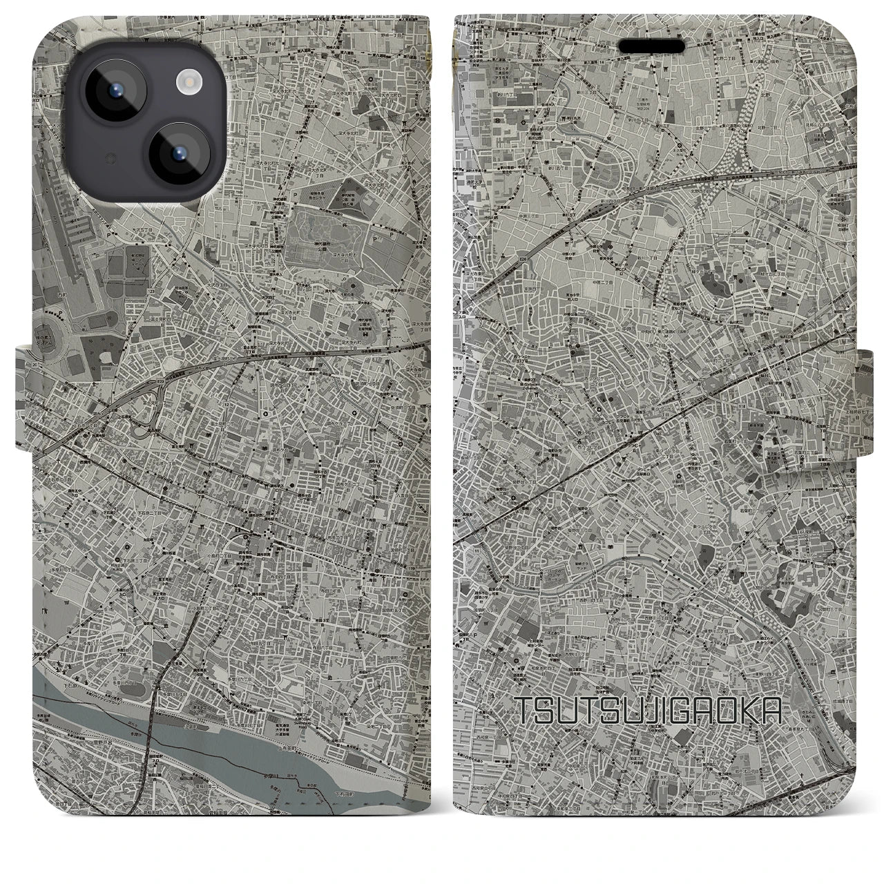 【つつじヶ丘(東京都)】地図柄iPhoneケース(手帳タイプ)モノトーン・iPhone 14 Plus 用