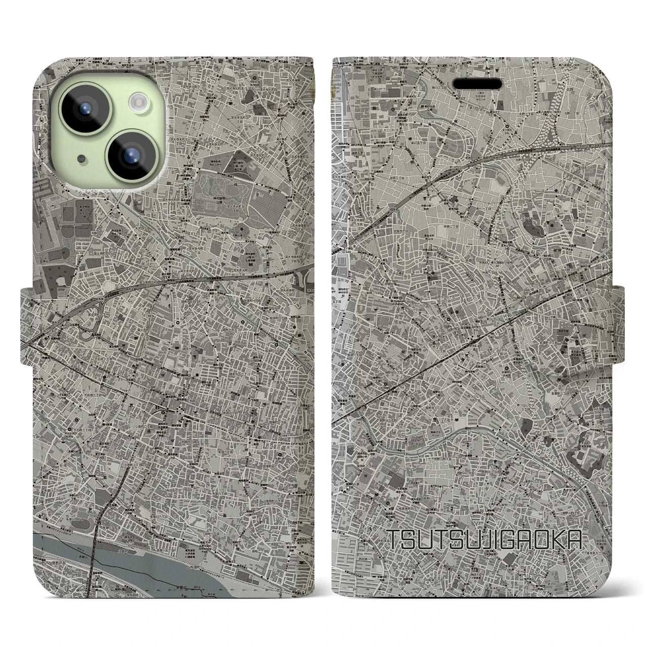 【つつじヶ丘(東京都)】地図柄iPhoneケース(手帳タイプ)モノトーン・iPhone 15 用