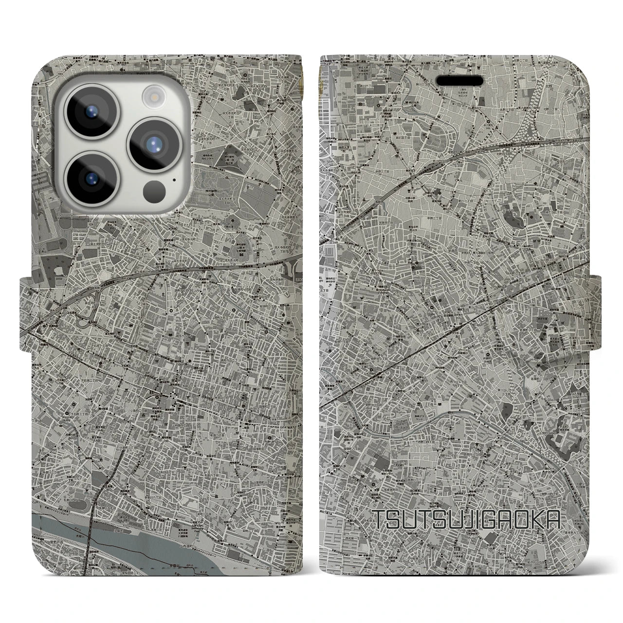 【つつじヶ丘(東京都)】地図柄iPhoneケース(手帳タイプ)モノトーン・iPhone 15 Pro 用