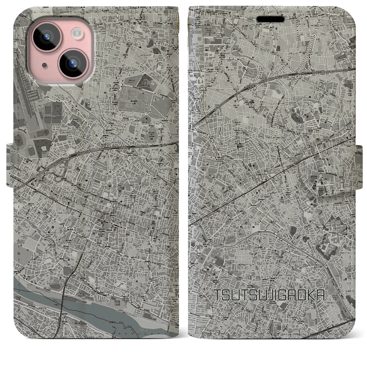 【つつじヶ丘(東京都)】地図柄iPhoneケース(手帳タイプ)モノトーン・iPhone 15 Plus 用