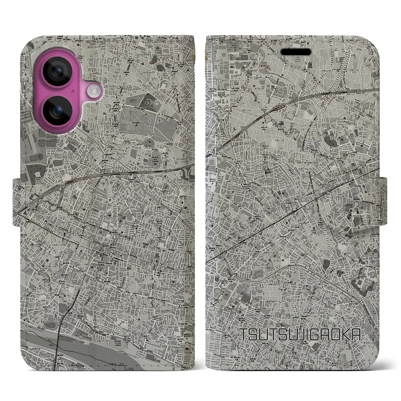 【つつじヶ丘(東京都)】地図柄iPhoneケース(手帳タイプ)モノトーン・iPhone 16 Pro 用
