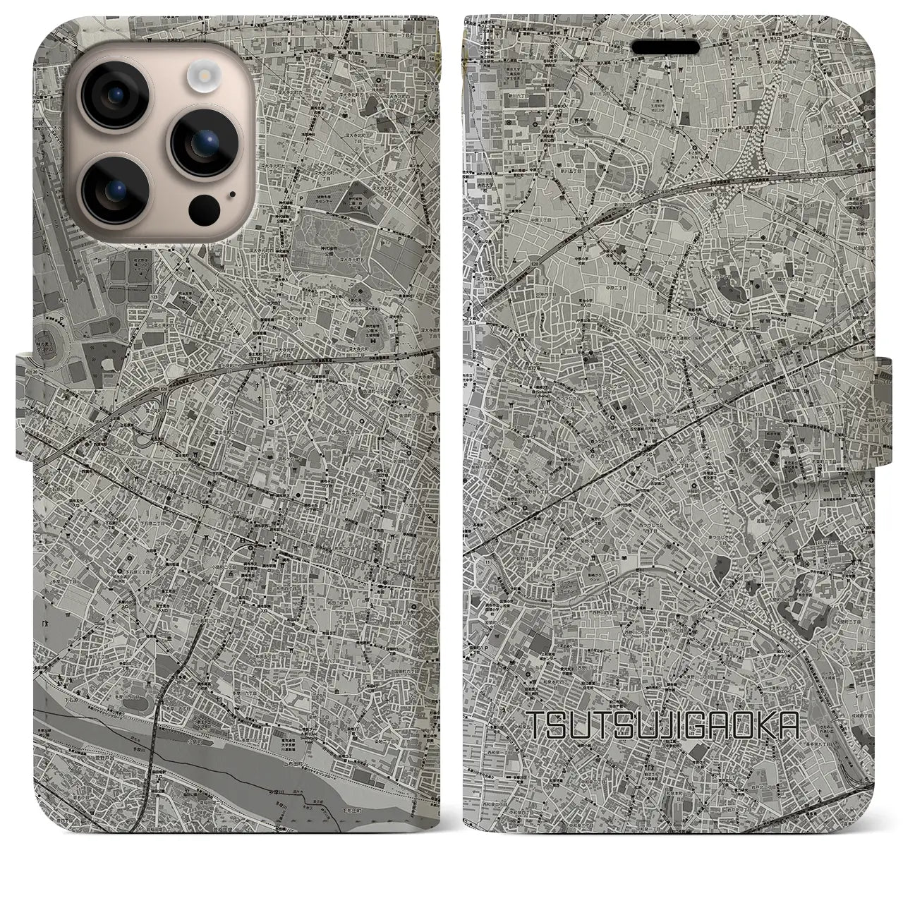 【つつじヶ丘(東京都)】地図柄iPhoneケース(手帳タイプ)モノトーン・iPhone 16 Plus 用