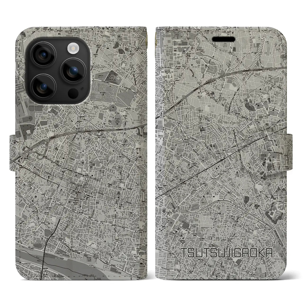 【つつじヶ丘(東京都)】地図柄iPhoneケース(手帳タイプ)モノトーン・iPhone 16 用