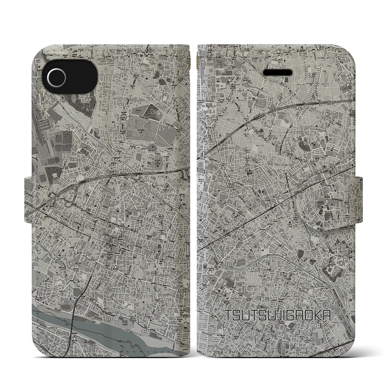 【つつじヶ丘(東京都)】地図柄iPhoneケース(手帳タイプ)モノトーン・iPhone SE(第3 / 第2世代) / 8 / 7 / 6s / 6 用