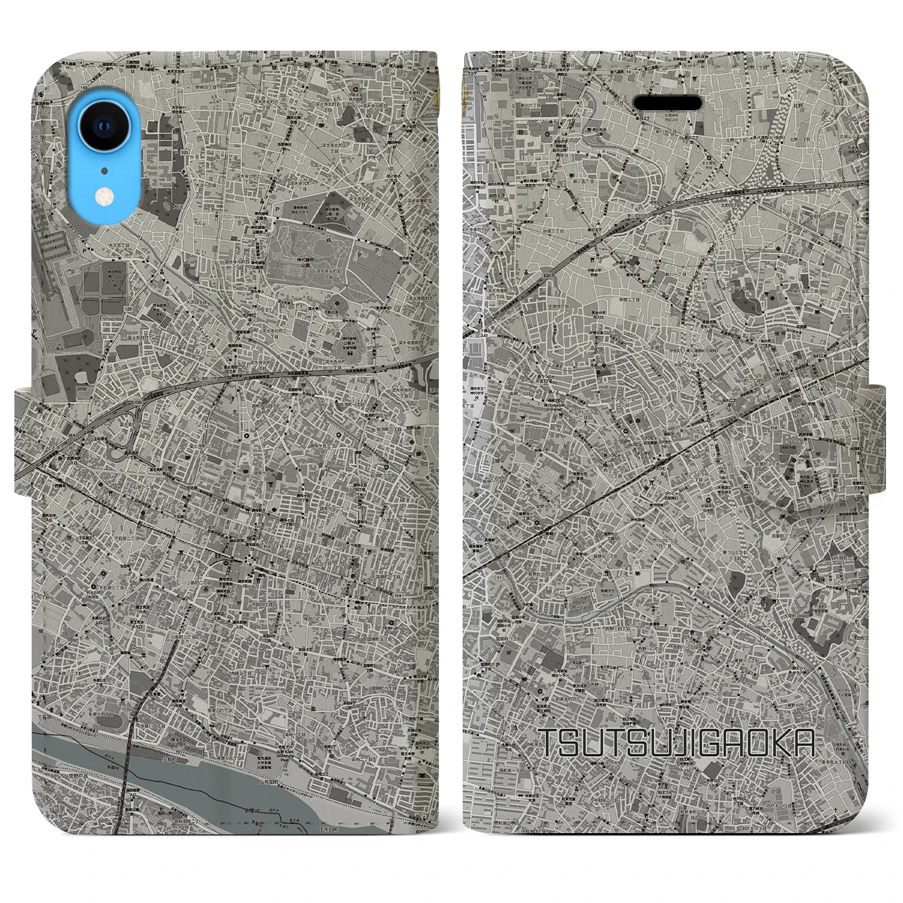【つつじヶ丘(東京都)】地図柄iPhoneケース(手帳タイプ)モノトーン・iPhone XR 用