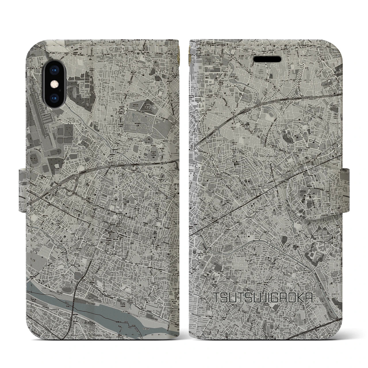 【つつじヶ丘(東京都)】地図柄iPhoneケース(手帳タイプ)モノトーン・iPhone XS / X 用