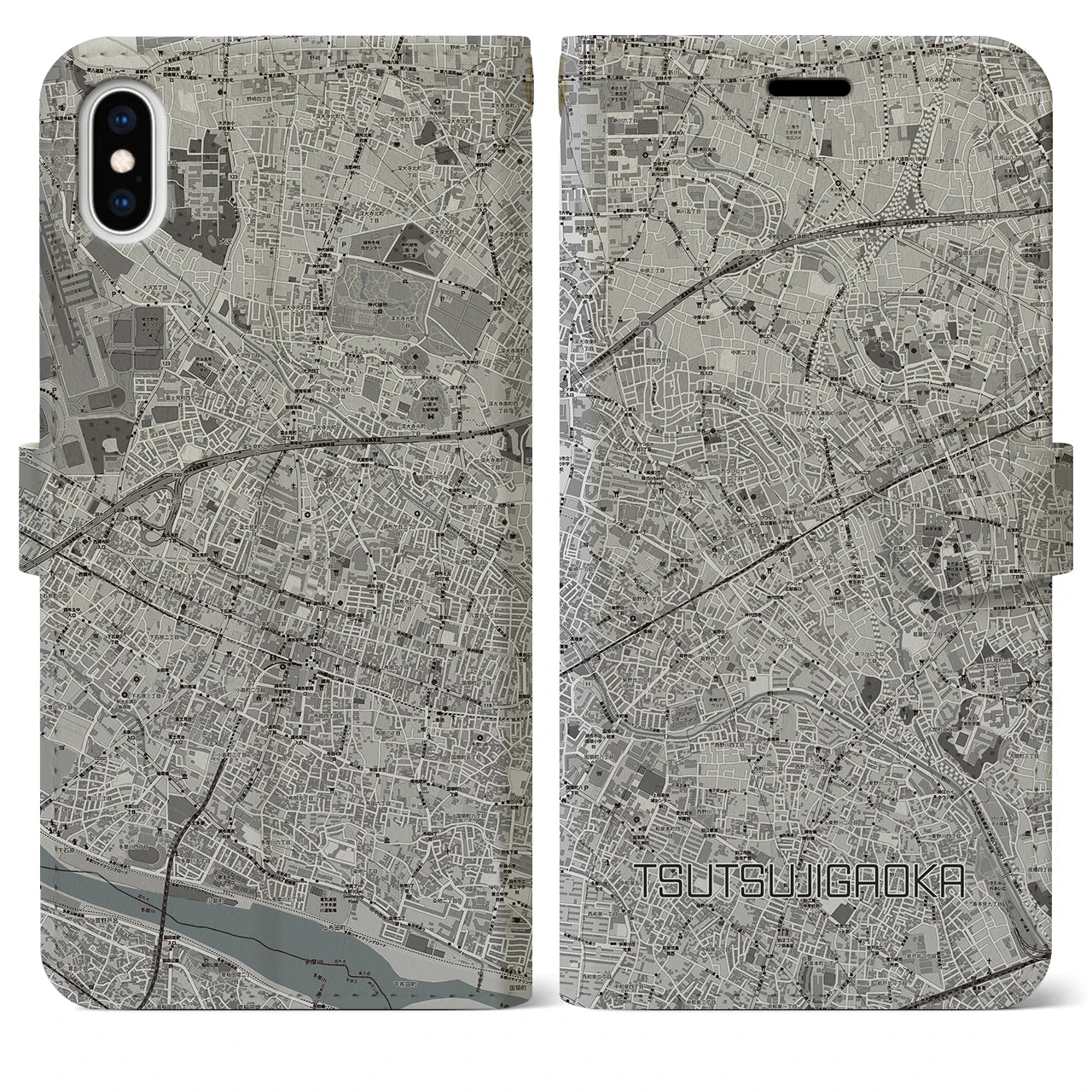 【つつじヶ丘(東京都)】地図柄iPhoneケース(手帳タイプ)モノトーン・iPhone XS Max 用