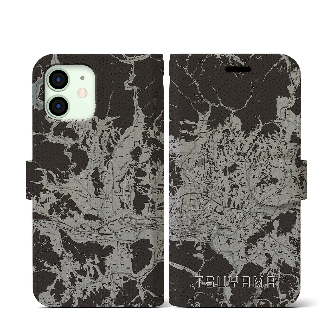 【津山(岡山県)】地図柄iPhoneケース(手帳タイプ)モノトーン・iPhone 12 mini 用