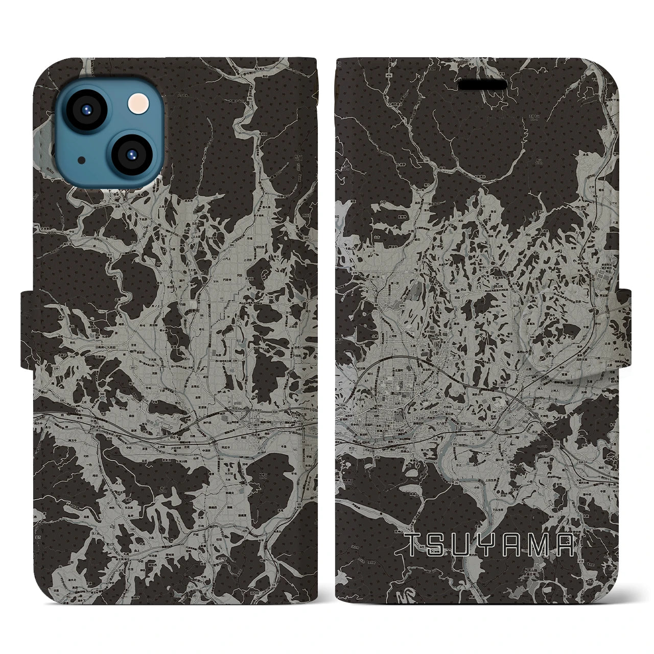 【津山(岡山県)】地図柄iPhoneケース(手帳タイプ)モノトーン・iPhone 13 用