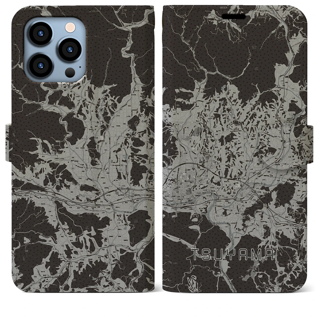 【津山(岡山県)】地図柄iPhoneケース(手帳タイプ)モノトーン・iPhone 13 Pro Max 用