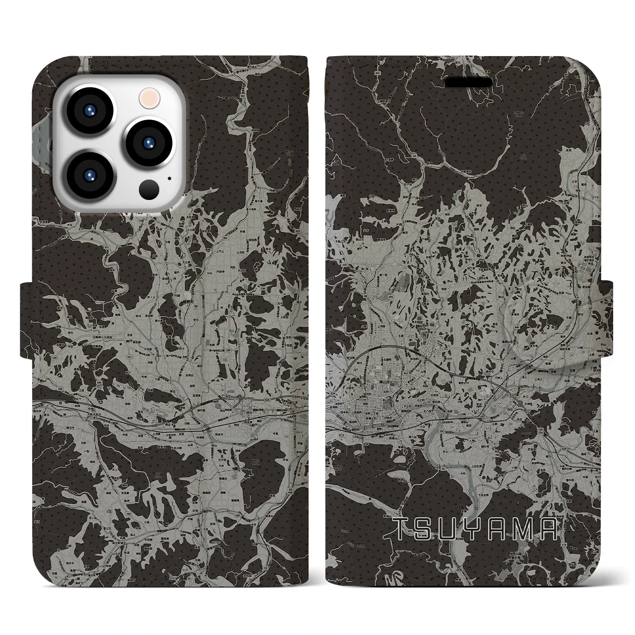 【津山(岡山県)】地図柄iPhoneケース(手帳タイプ)モノトーン・iPhone 13 Pro 用