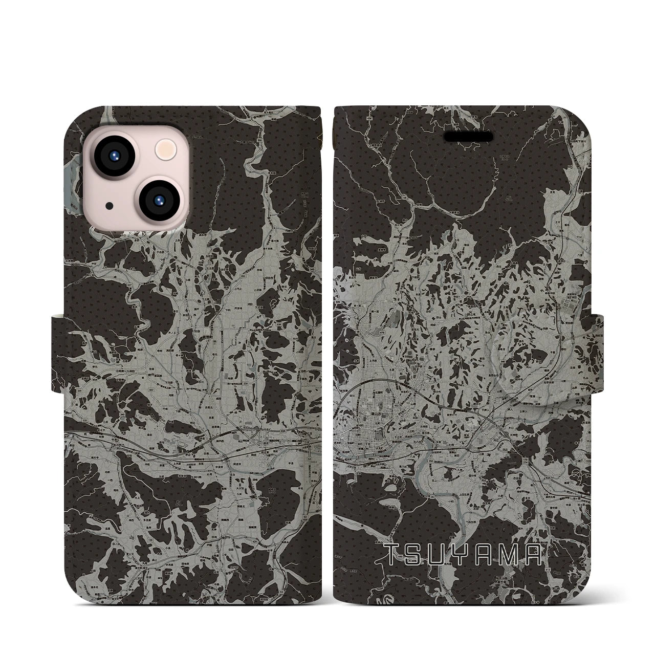 【津山(岡山県)】地図柄iPhoneケース(手帳タイプ)モノトーン・iPhone 13 mini 用