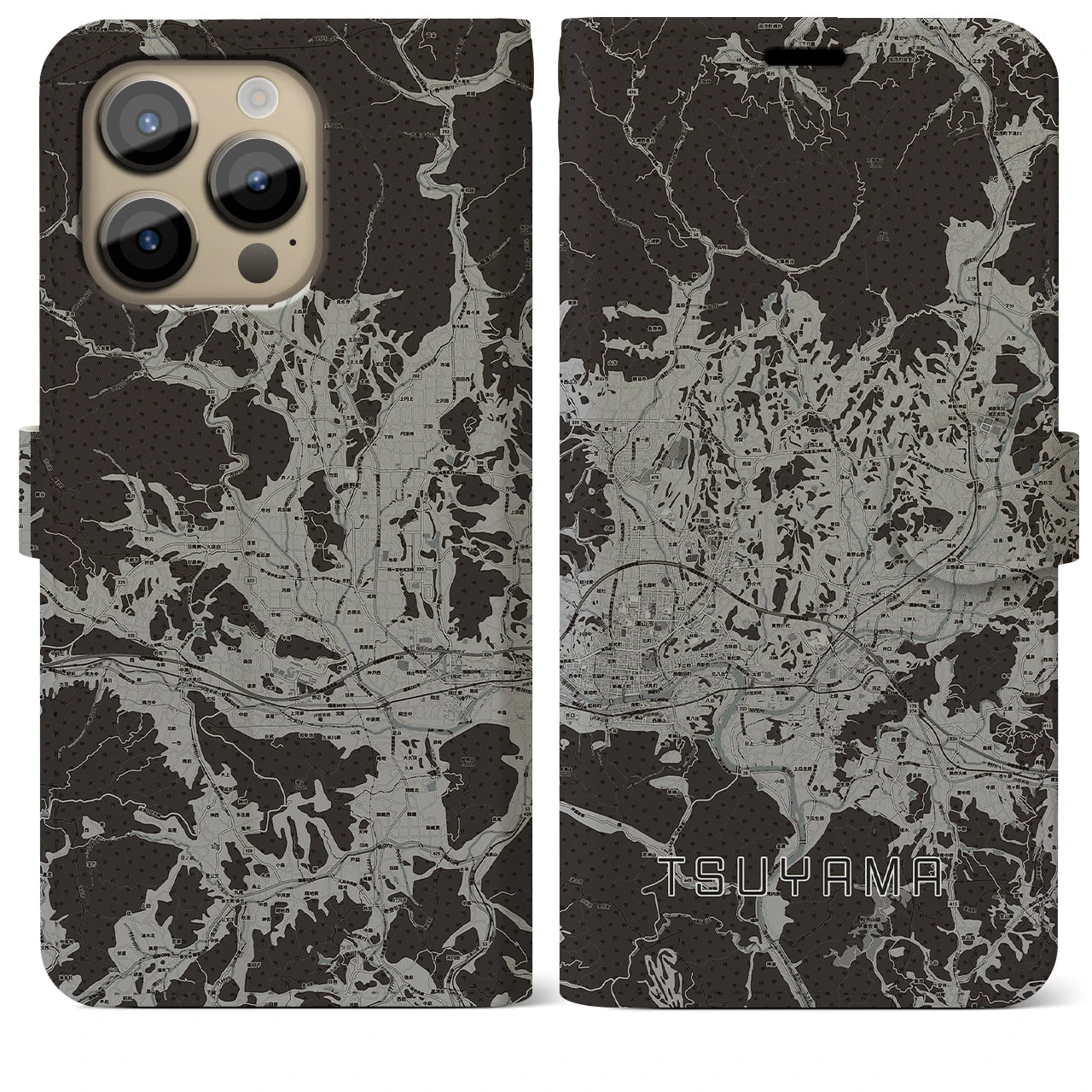 【津山(岡山県)】地図柄iPhoneケース(手帳タイプ)モノトーン・iPhone 14 Pro Max 用