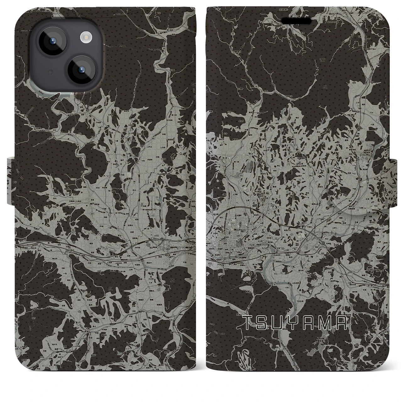 【津山(岡山県)】地図柄iPhoneケース(手帳タイプ)モノトーン・iPhone 14 Plus 用