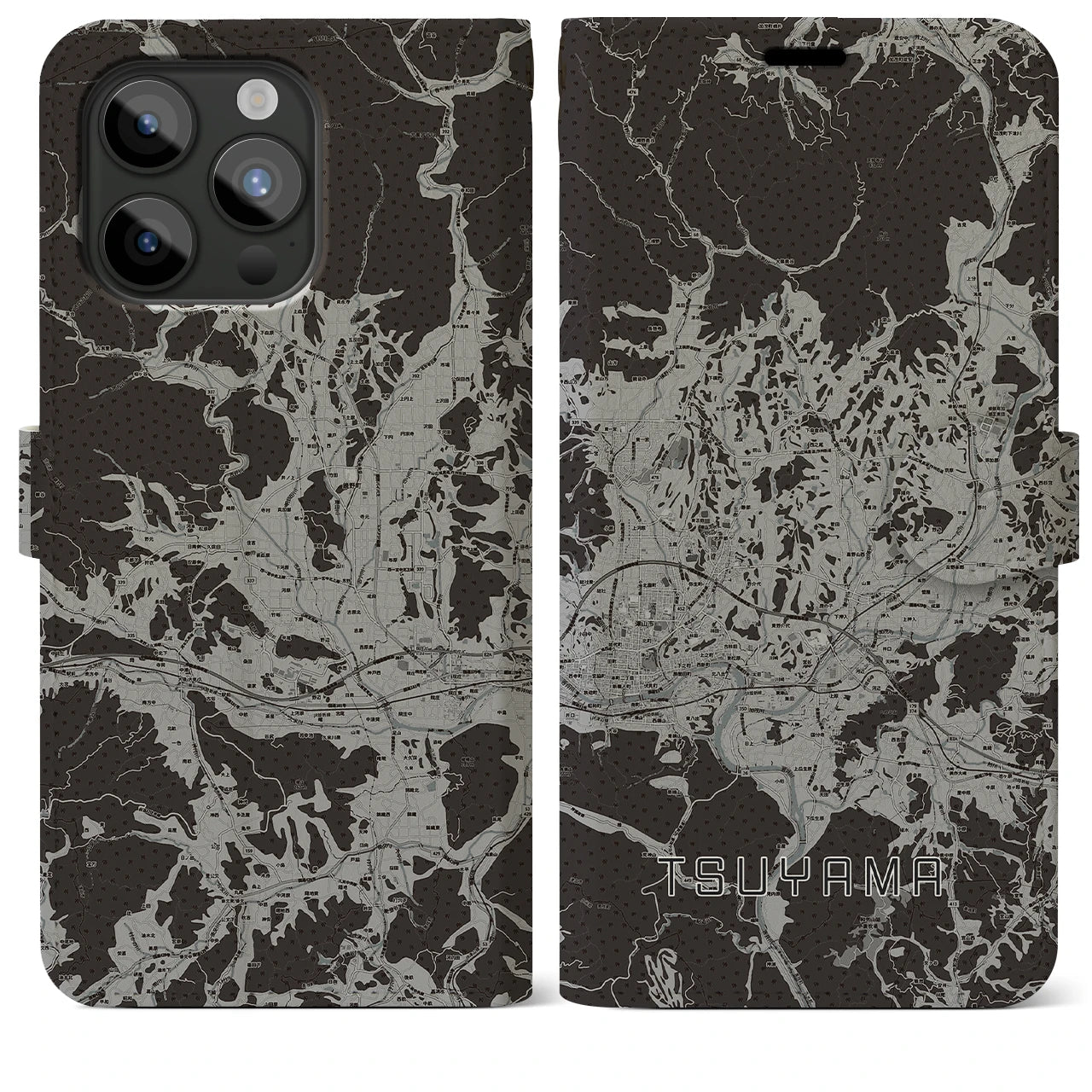 【津山(岡山県)】地図柄iPhoneケース(手帳タイプ)モノトーン・iPhone 15 Pro Max 用