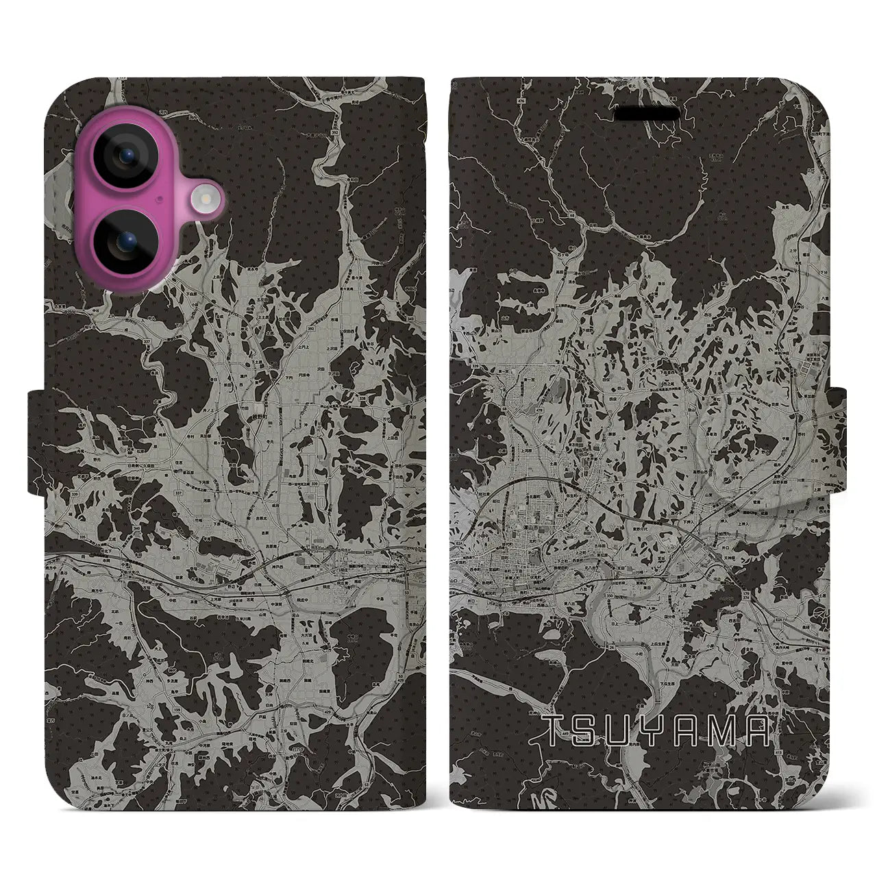 【津山(岡山県)】地図柄iPhoneケース(手帳タイプ)モノトーン・iPhone 16 Pro 用