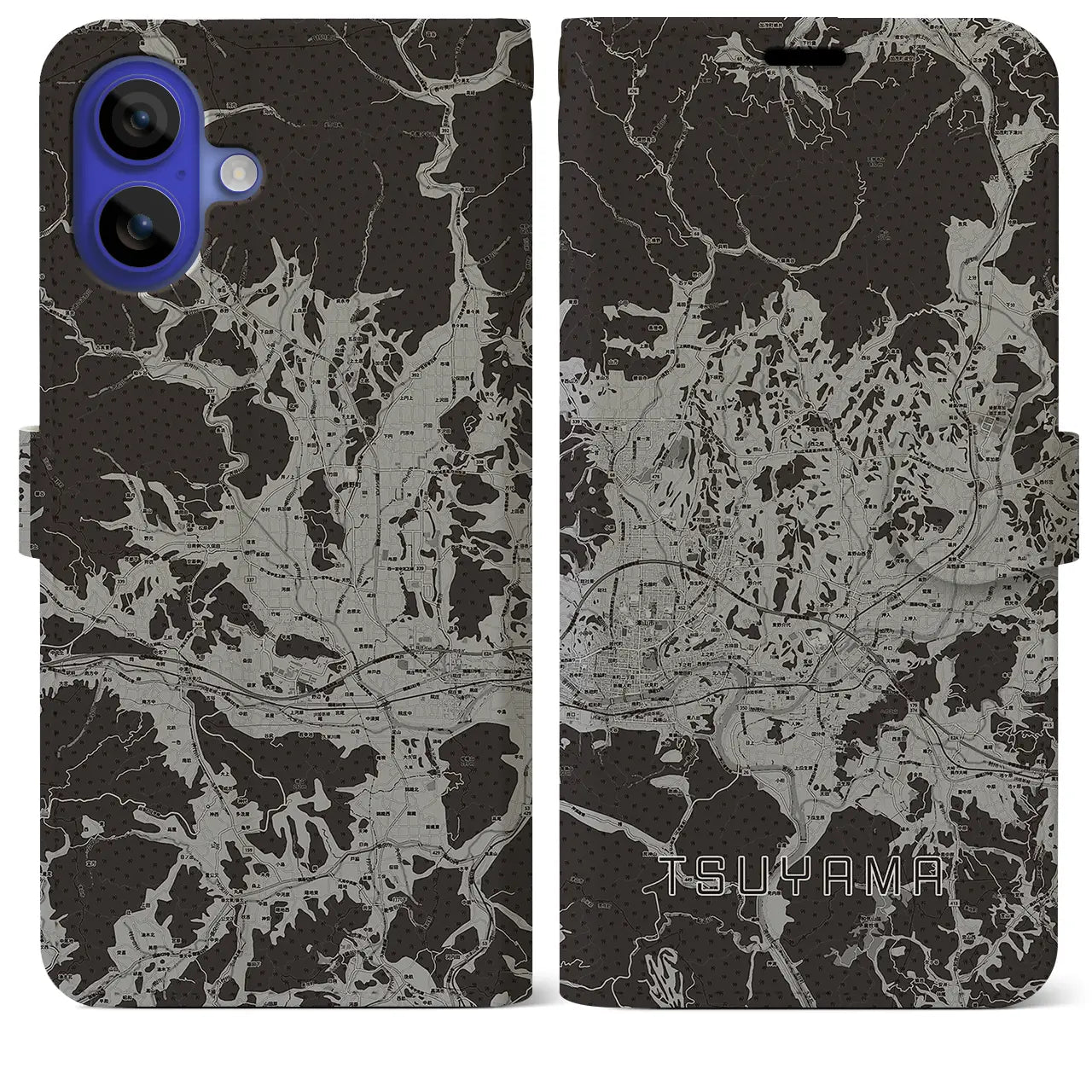 【津山(岡山県)】地図柄iPhoneケース(手帳タイプ)モノトーン・iPhone 16 Pro Max 用