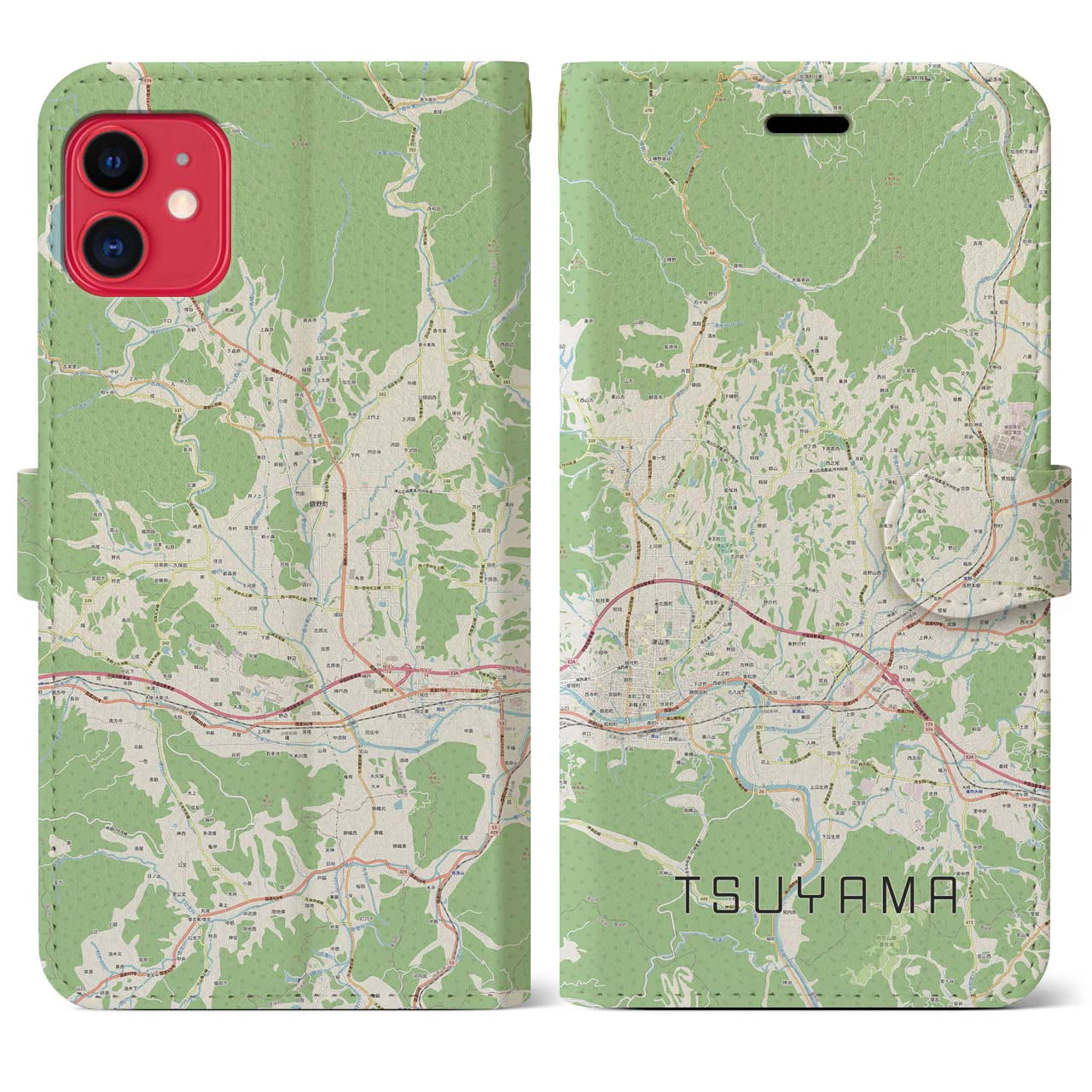 【津山(岡山県)】地図柄iPhoneケース(手帳タイプ)ナチュラル・iPhone 11 用