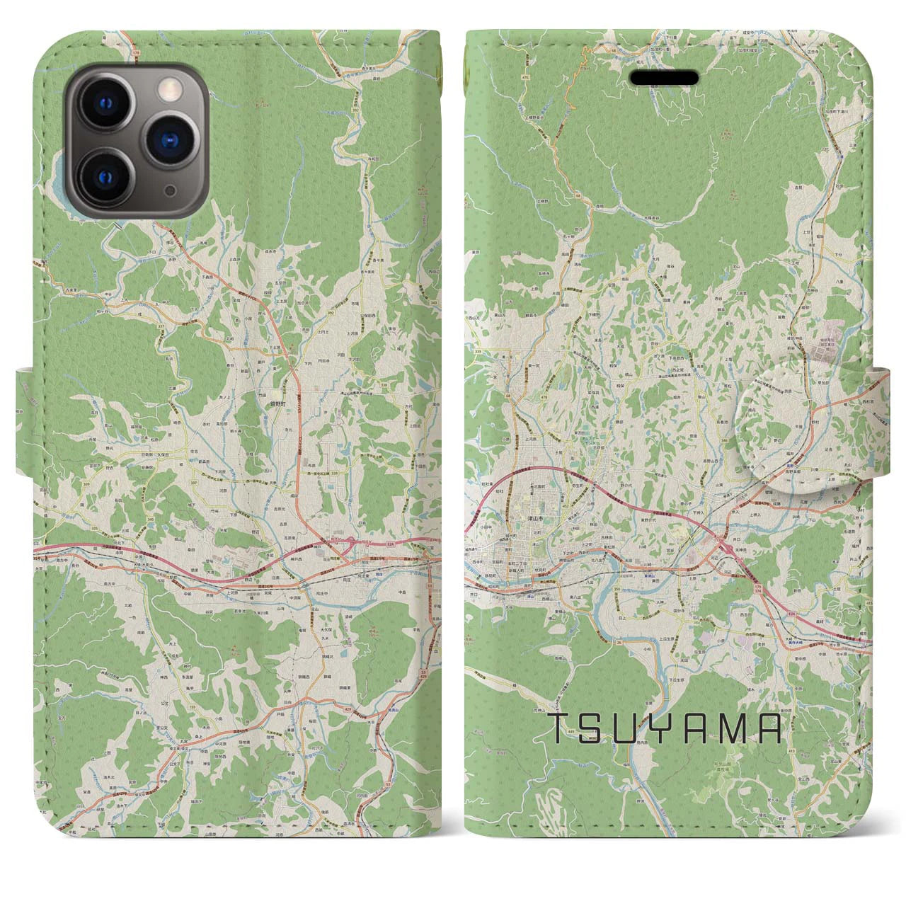 【津山(岡山県)】地図柄iPhoneケース(手帳タイプ)ナチュラル・iPhone 11 Pro Max 用